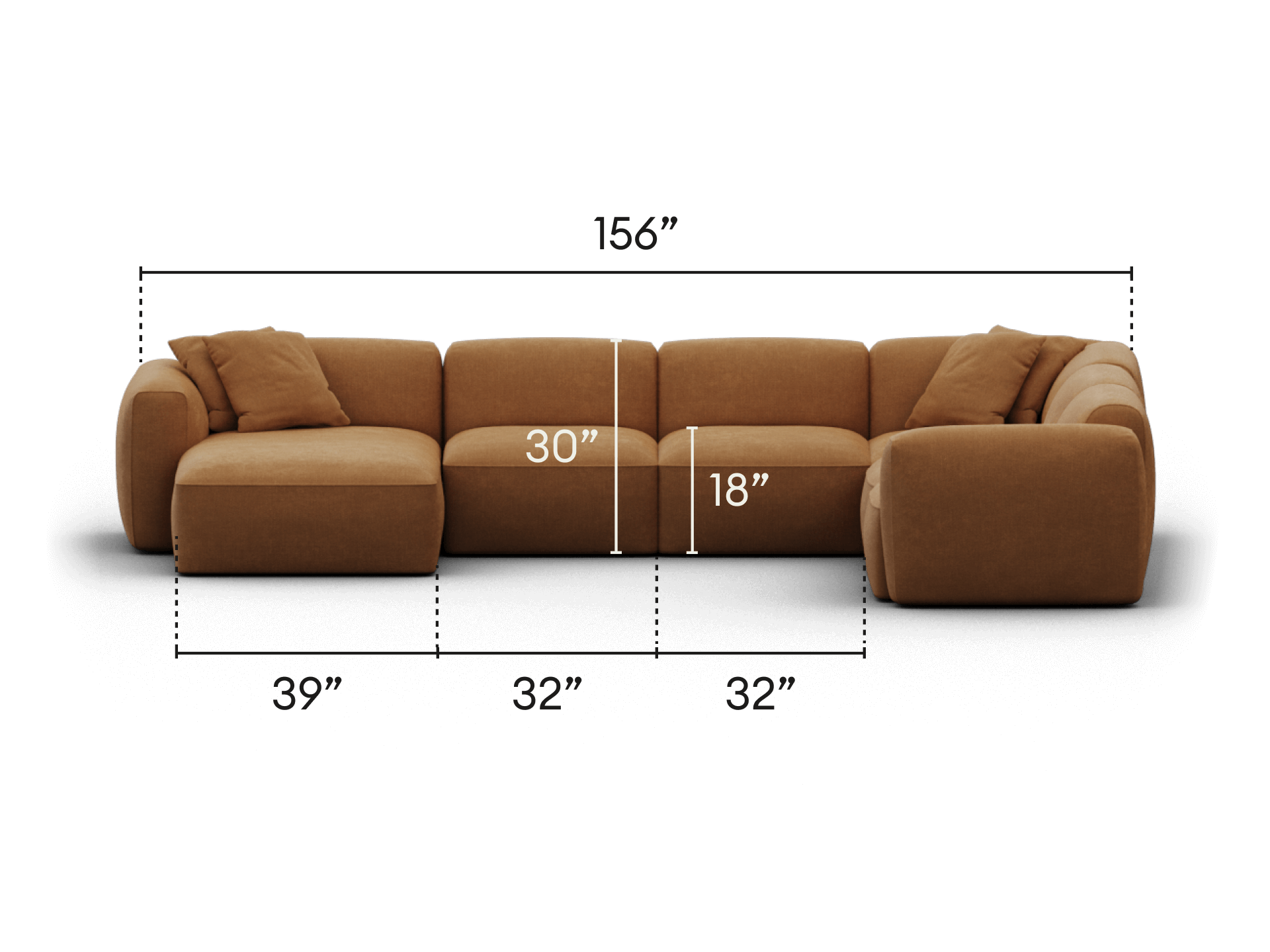 Modular sectional sofa in caramel velvet, featuring plush cushions and rounded armrests. Modern design perfect for a chic living room setting.