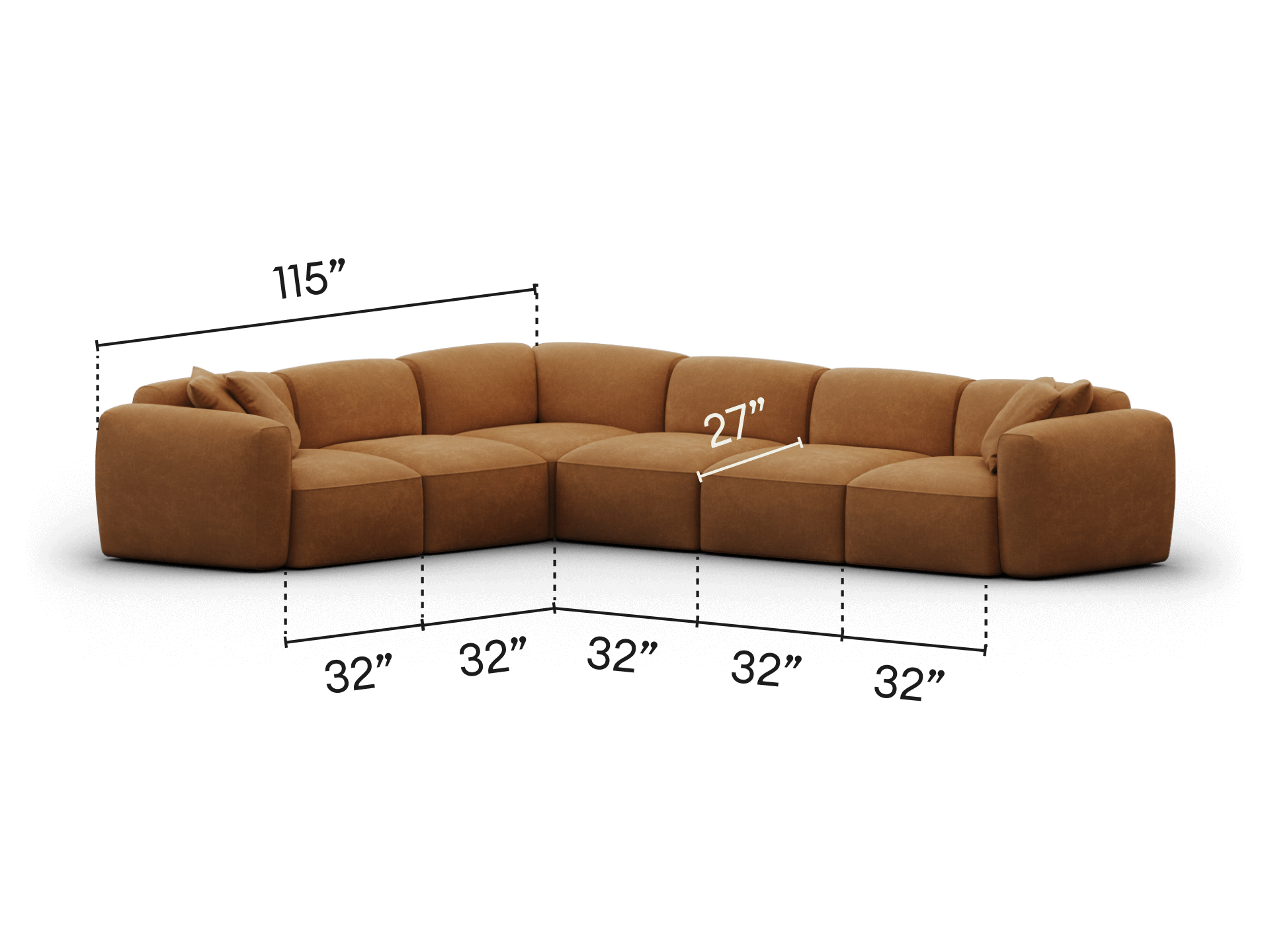 Luxurious L-shaped sectional sofa in rich brown suede. Features plush cushioning and modular design. Perfect for modern living spaces. Measures 115” wide.