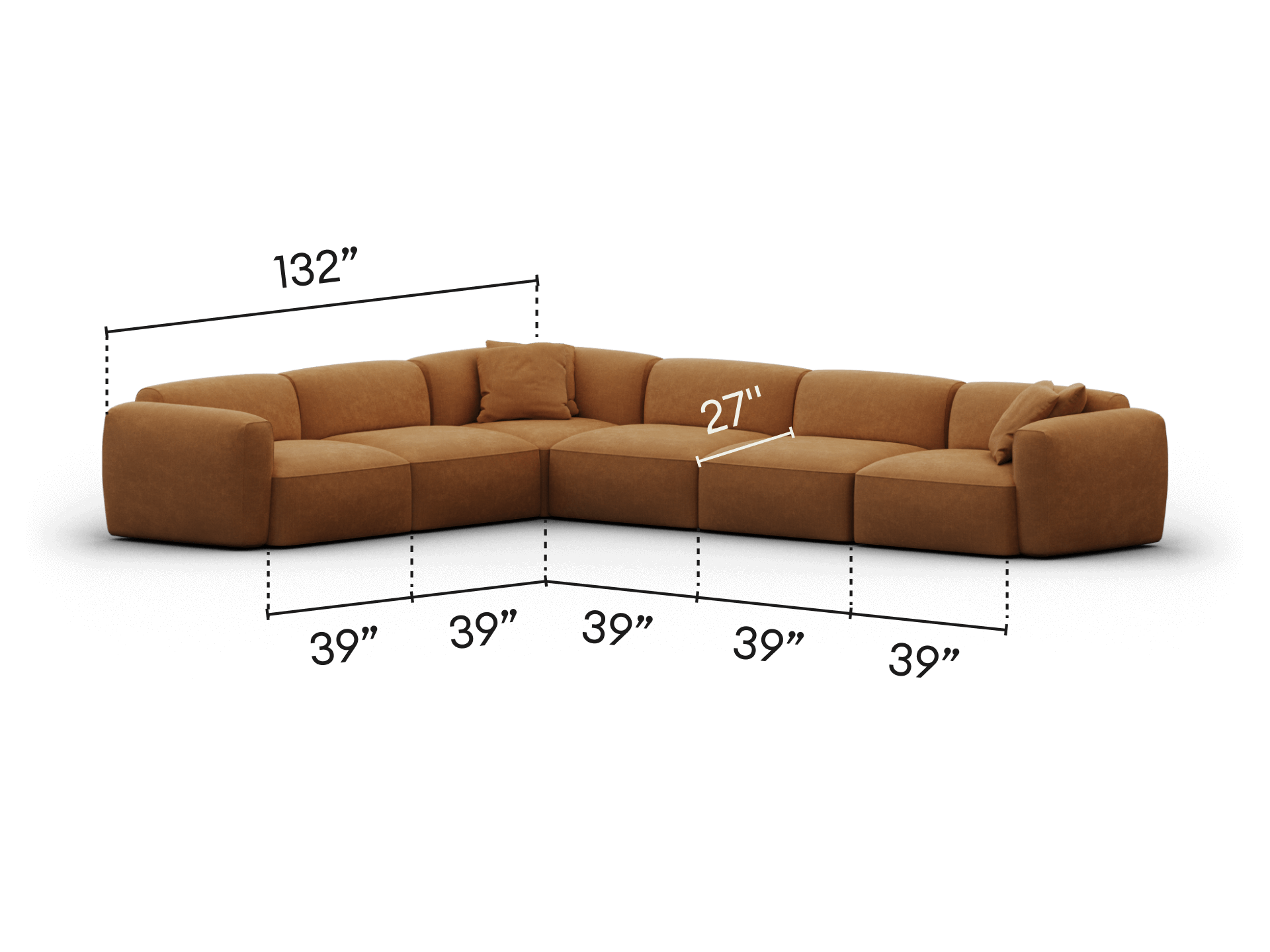 Luxurious modular leather sofa in rich tan finish, featuring plush cushions and a spacious, contemporary L-shape design. Perfect for sophisticated living spaces.