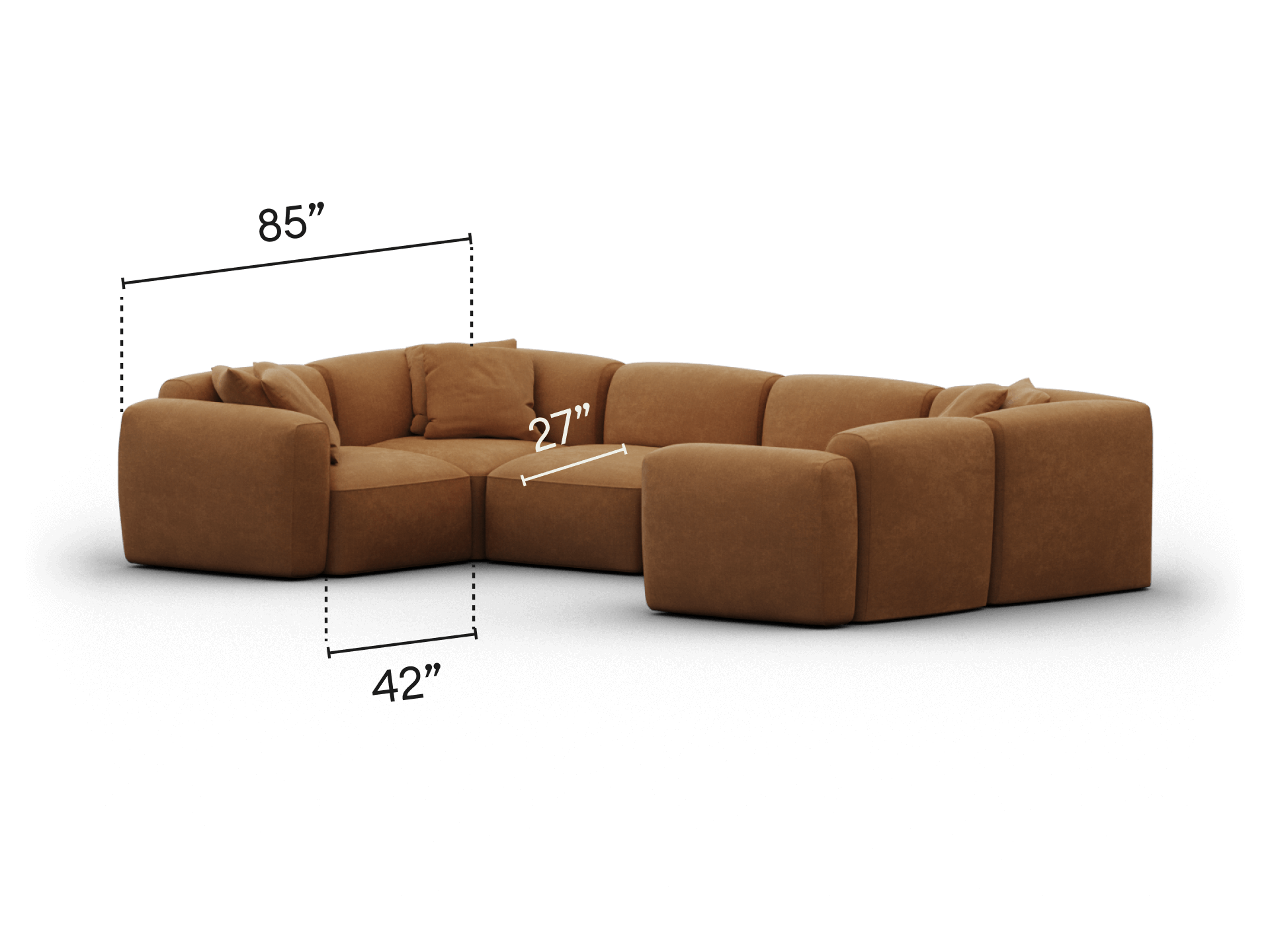Elegant L-shaped sofa with plush brown upholstery, deep seating, and modular design. Perfect for luxurious living spaces. 85" x 72", 27" seat depth.