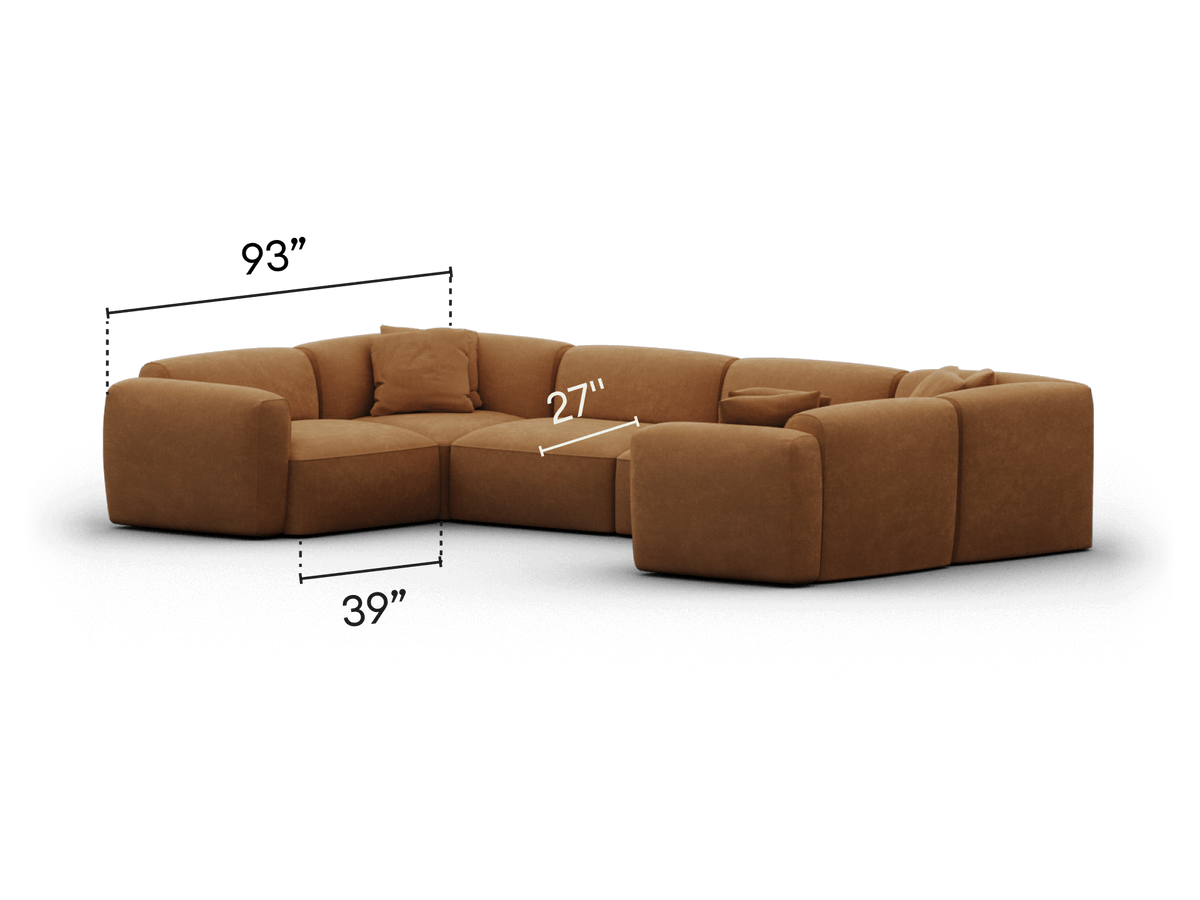 Luxurious L-shaped sectional sofa in rich brown leather, featuring plush cushions and soft edges, ideal for contemporary living spaces. Dimensions noted.