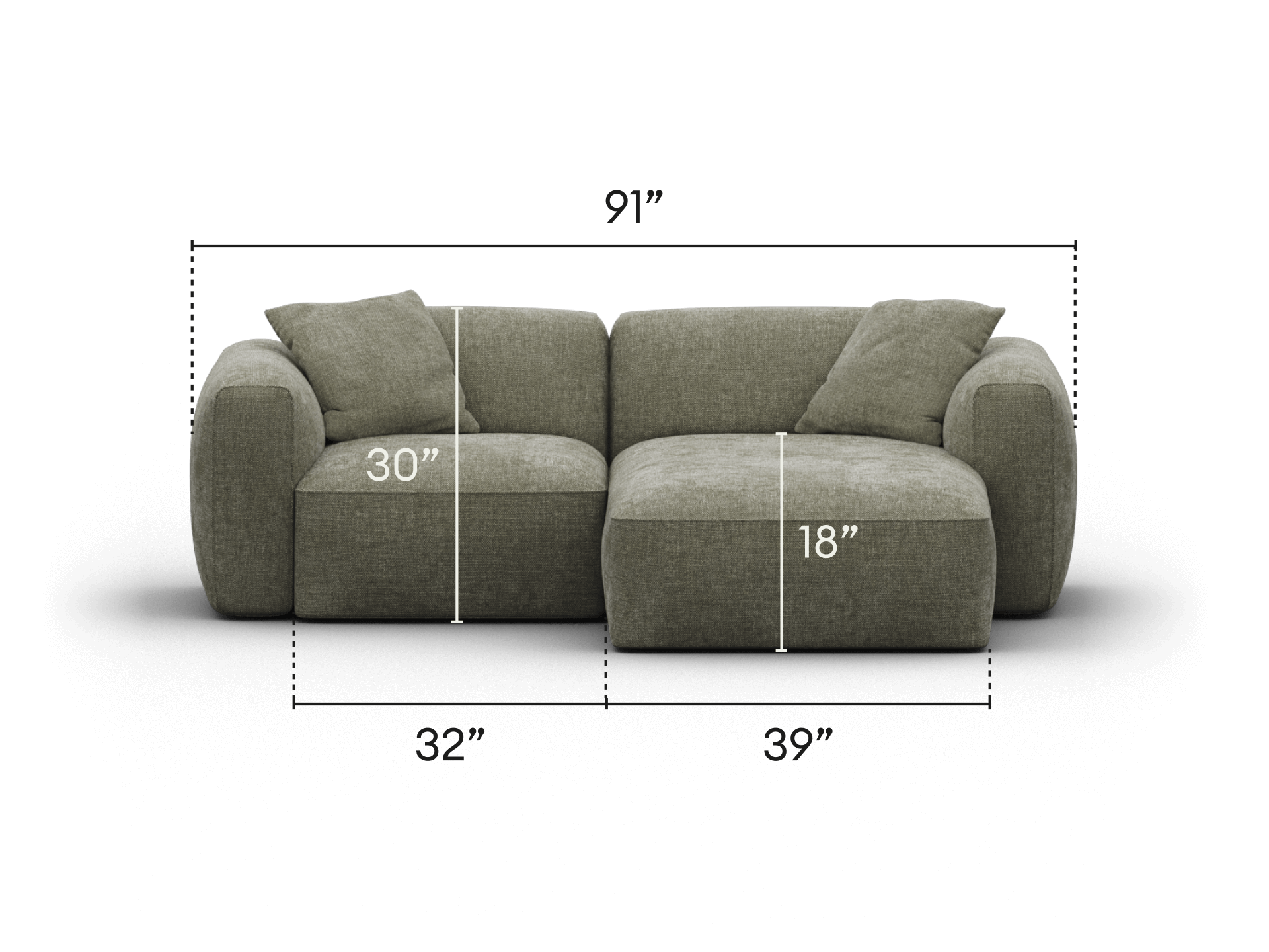 Modern modular sofa in plush olive green fabric, featuring deep cushioning and rounded arms. Measures 91" wide, ideal for contemporary living spaces.