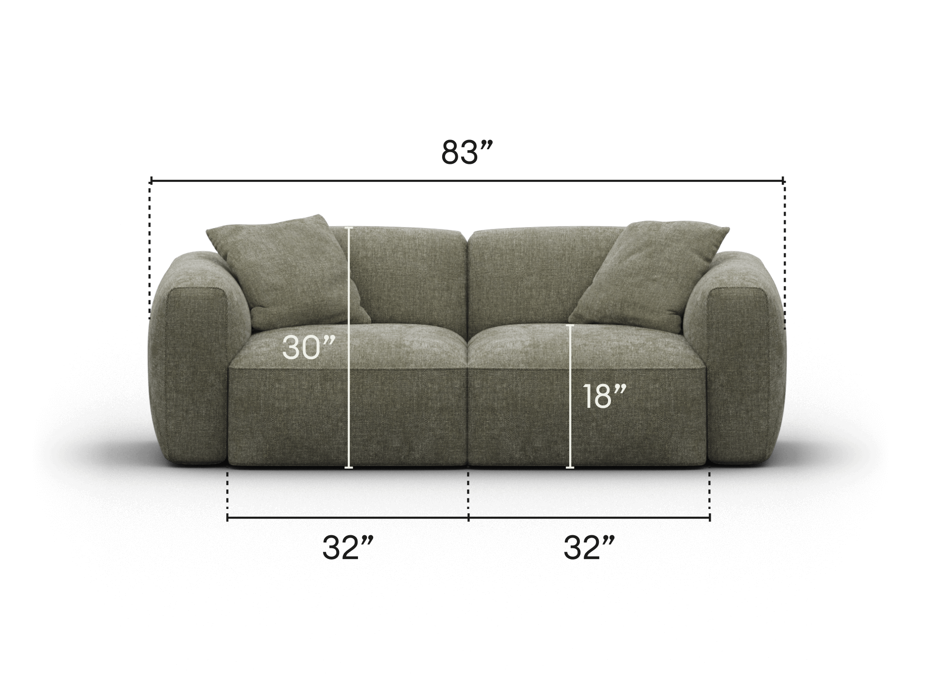 Luxurious olive green fabric sofa with deep cushioning, measuring 83 inches wide. Features plush armrests and minimalist design, ideal for modern living rooms.