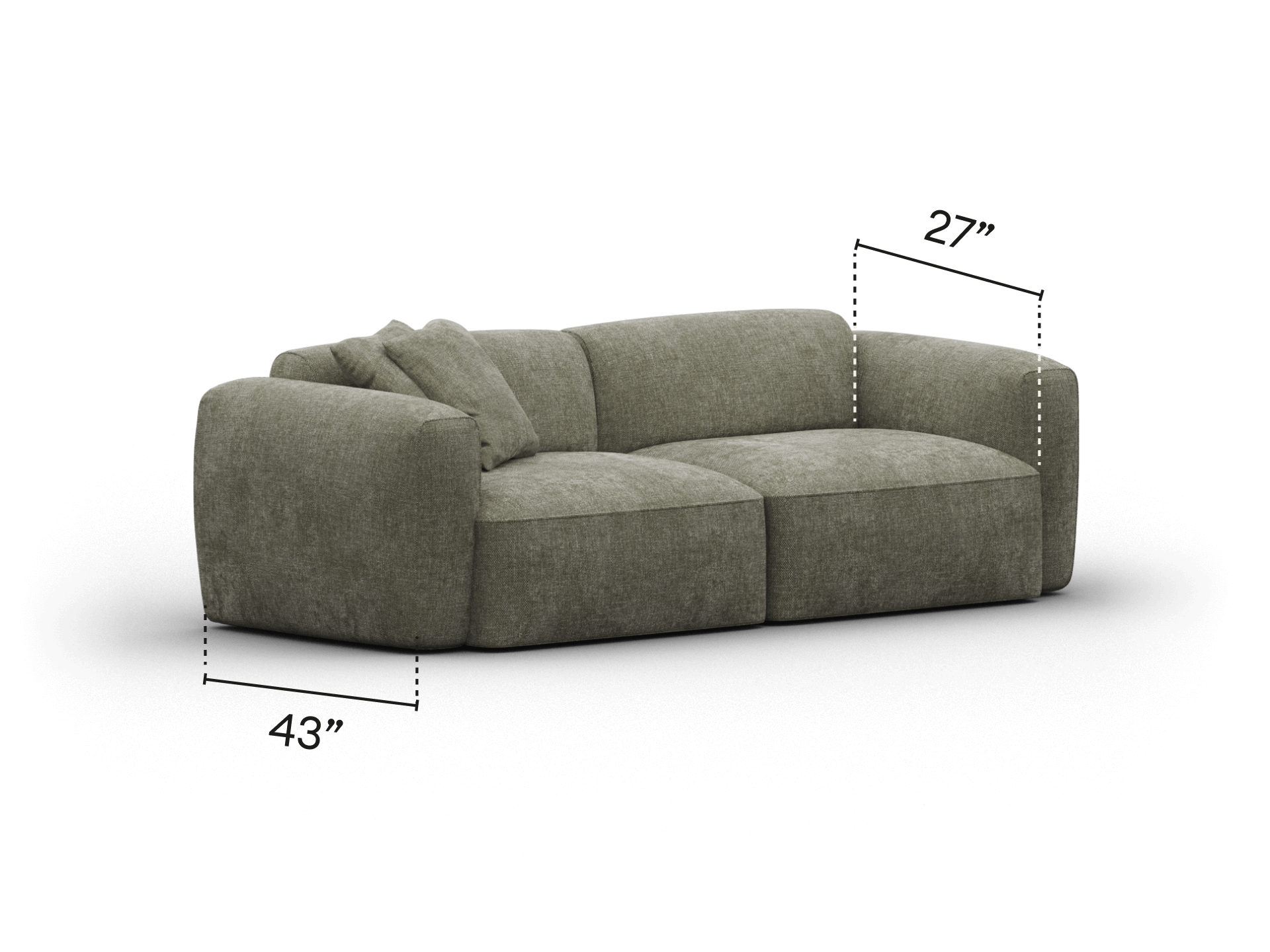 Elegant modern sofa featuring plush grey upholstery, deep cushions, and a sleek low profile. Perfect for luxury living rooms, its spacious design ensures comfort.