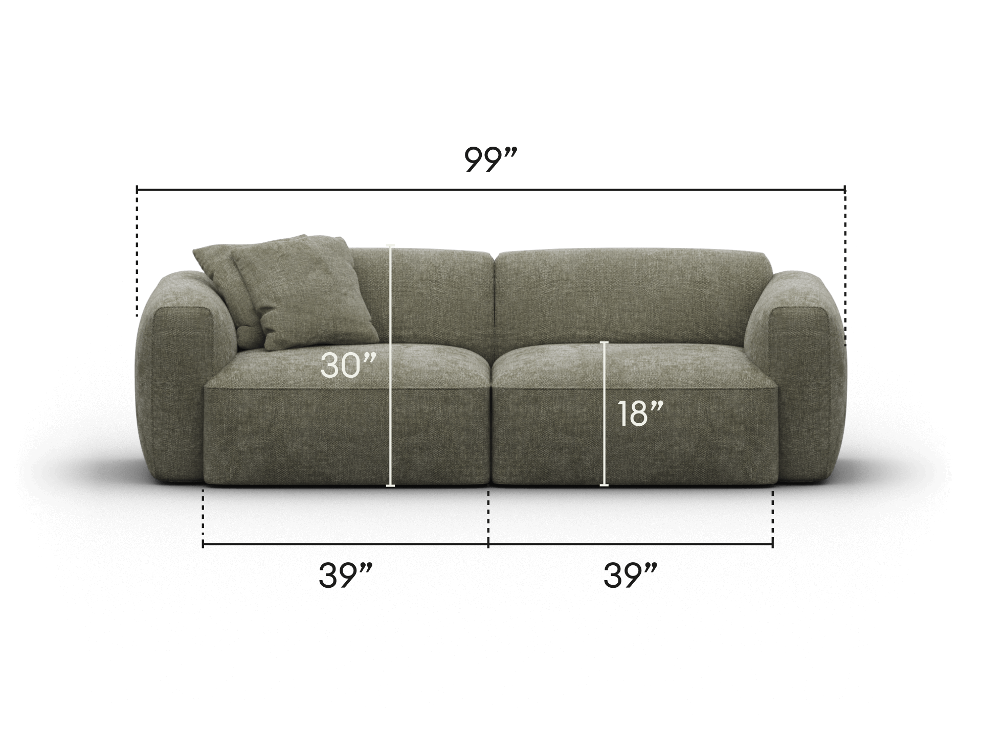 Luxurious olive green two-seater sofa, featuring plush, rounded cushions and armrests. Made from premium fabric, it's perfect for modern living spaces.
