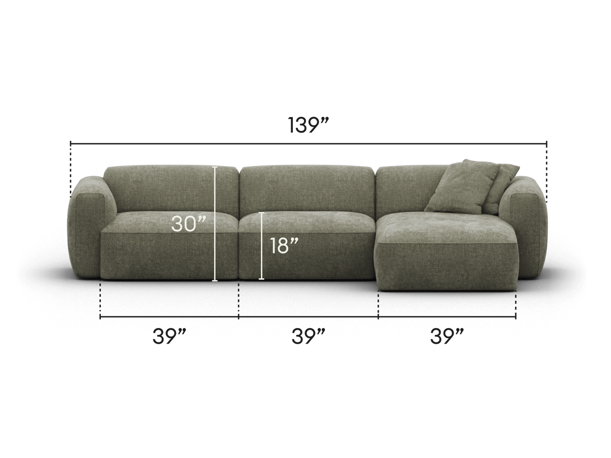 Luxurious olive green fabric sectional sofa featuring plush cushions, a chaise lounge, and rounded armrests. Perfect for contemporary living spaces.