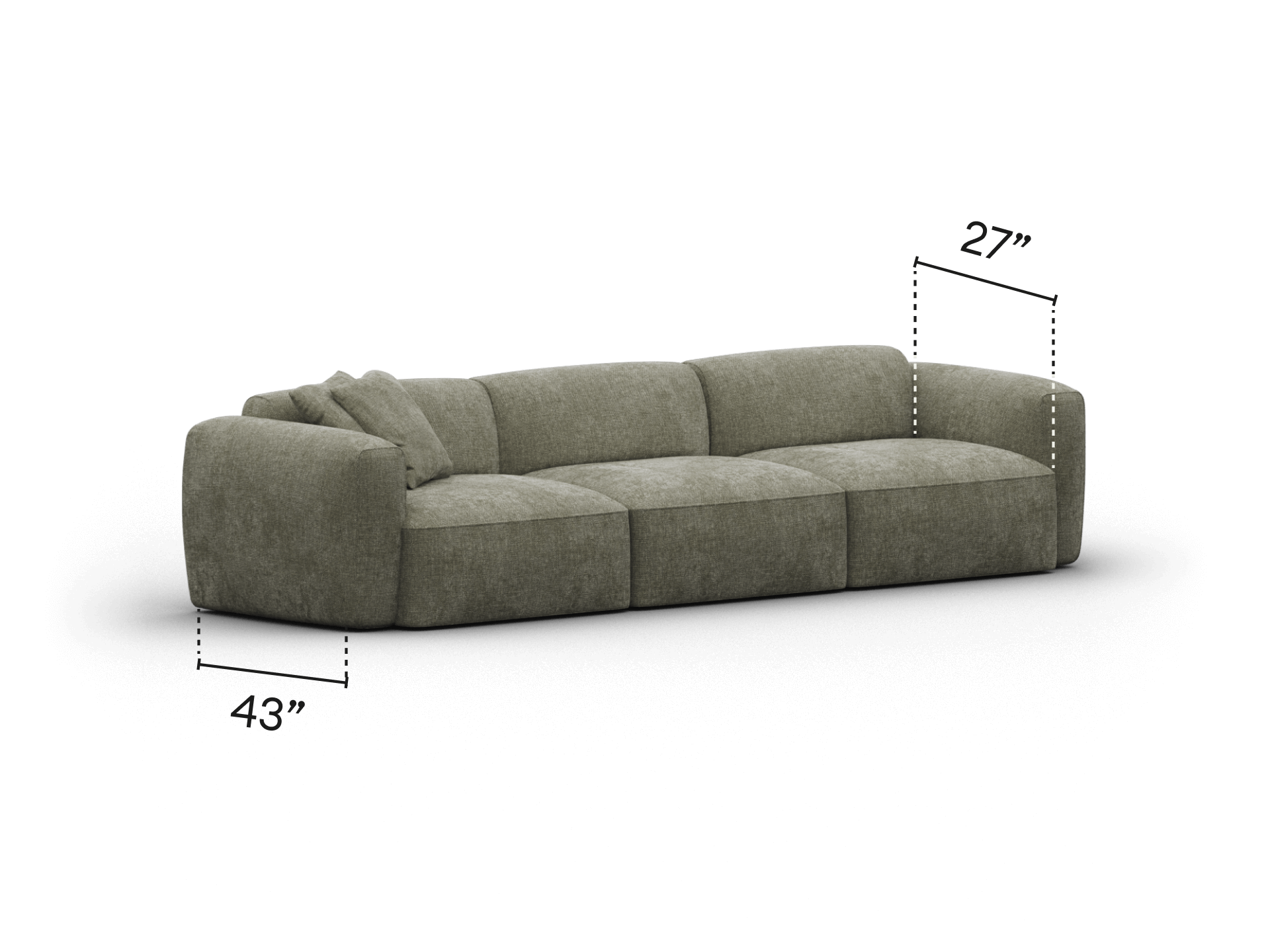 Luxurious modern sofa with plush olive-green upholstery, low-profile design, and generous cushioning. Perfect for elegant, contemporary living spaces.