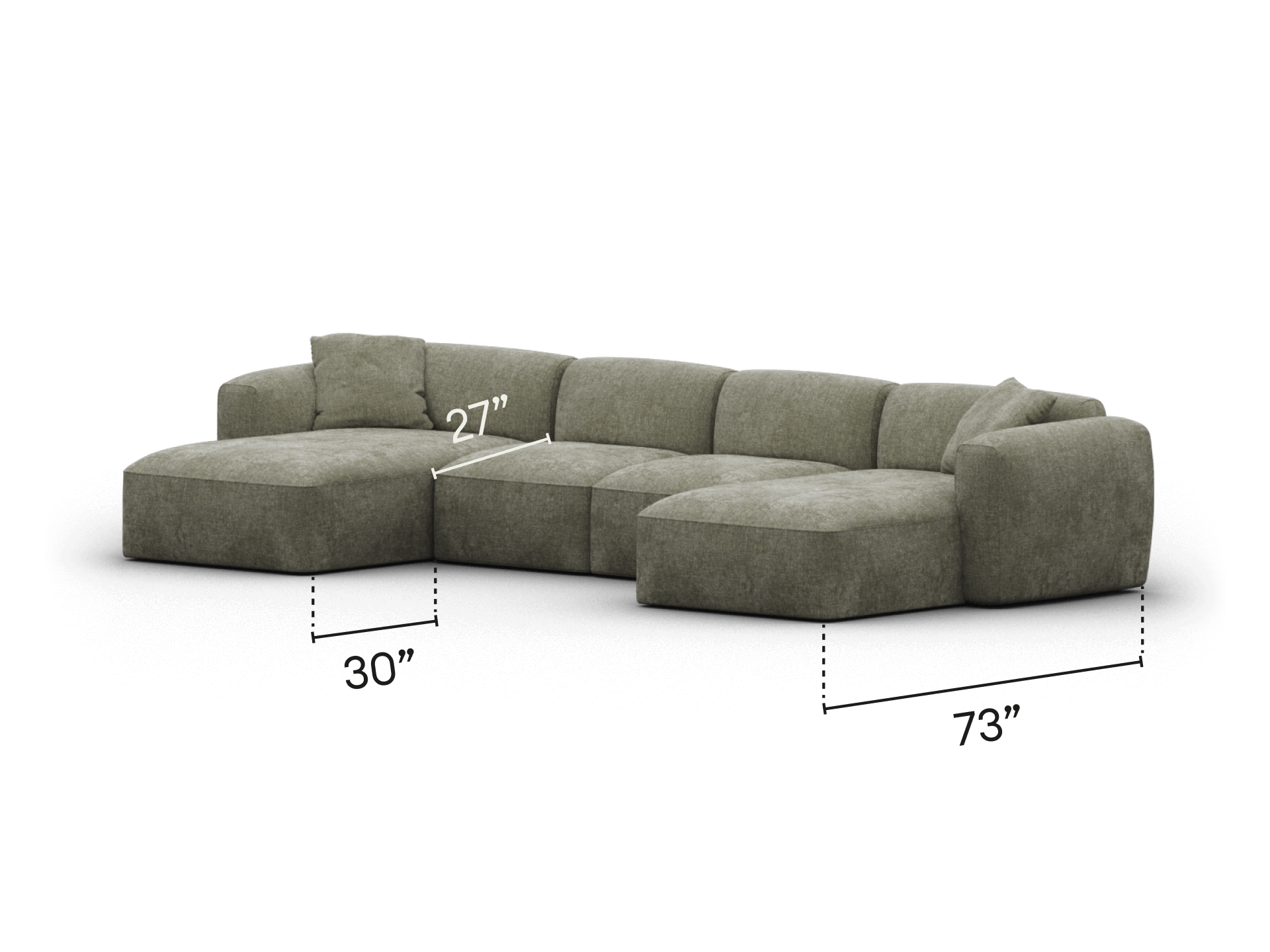 Luxurious modular sectional sofa in plush grey upholstery. Features deep, spacious seating and versatile configuration, perfect for contemporary living spaces.