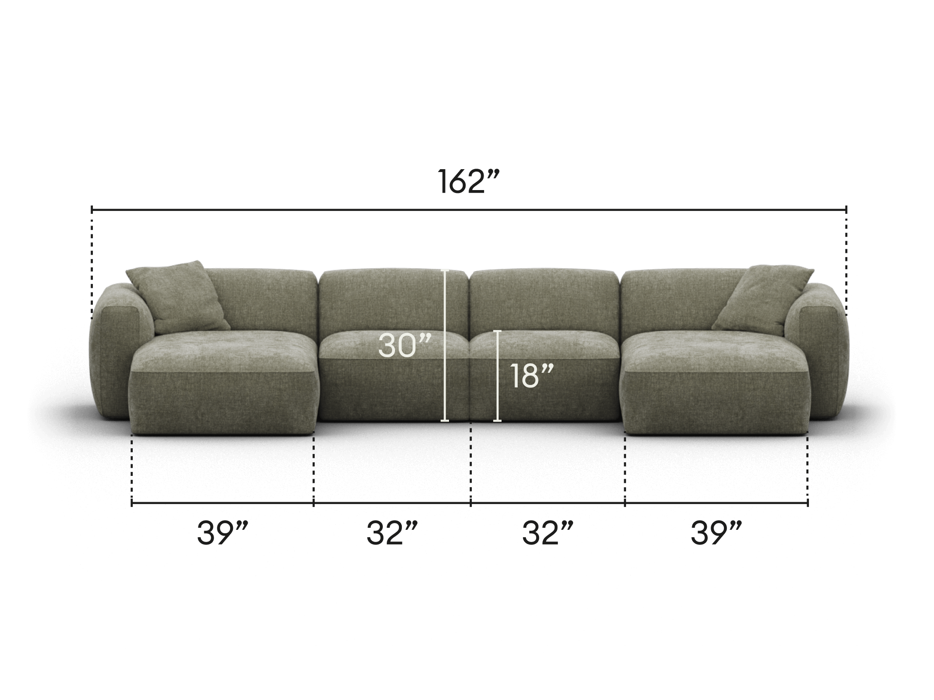 Luxurious modular sofa in muted olive fabric, featuring plush cushions, deep seating, and a contemporary silhouette, perfect for a sophisticated living space.