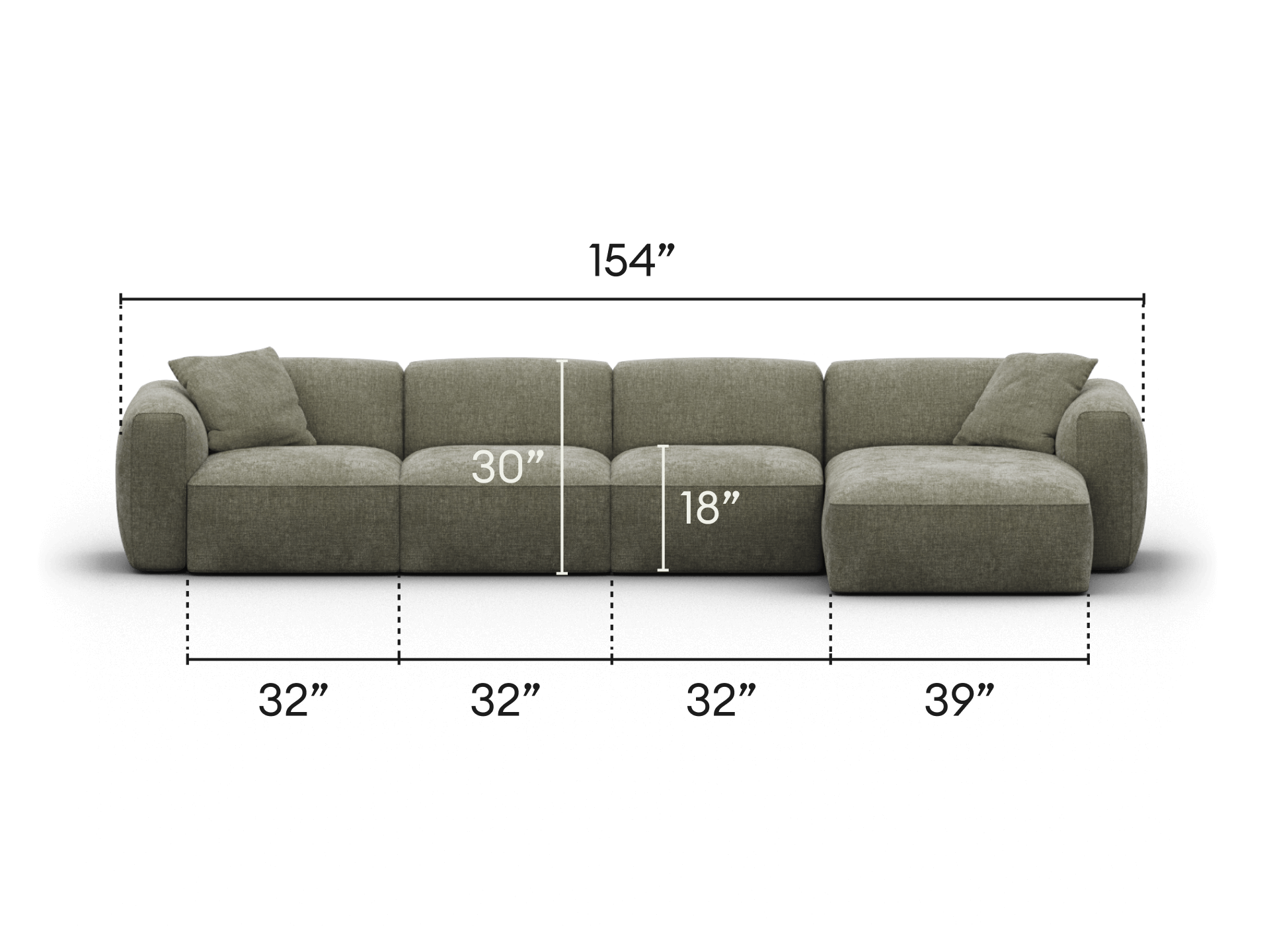 Premium modular sofa in luxurious grey fabric, featuring deep seating and plush cushioning. Set in a chic, contemporary living space. Dimensions provided.