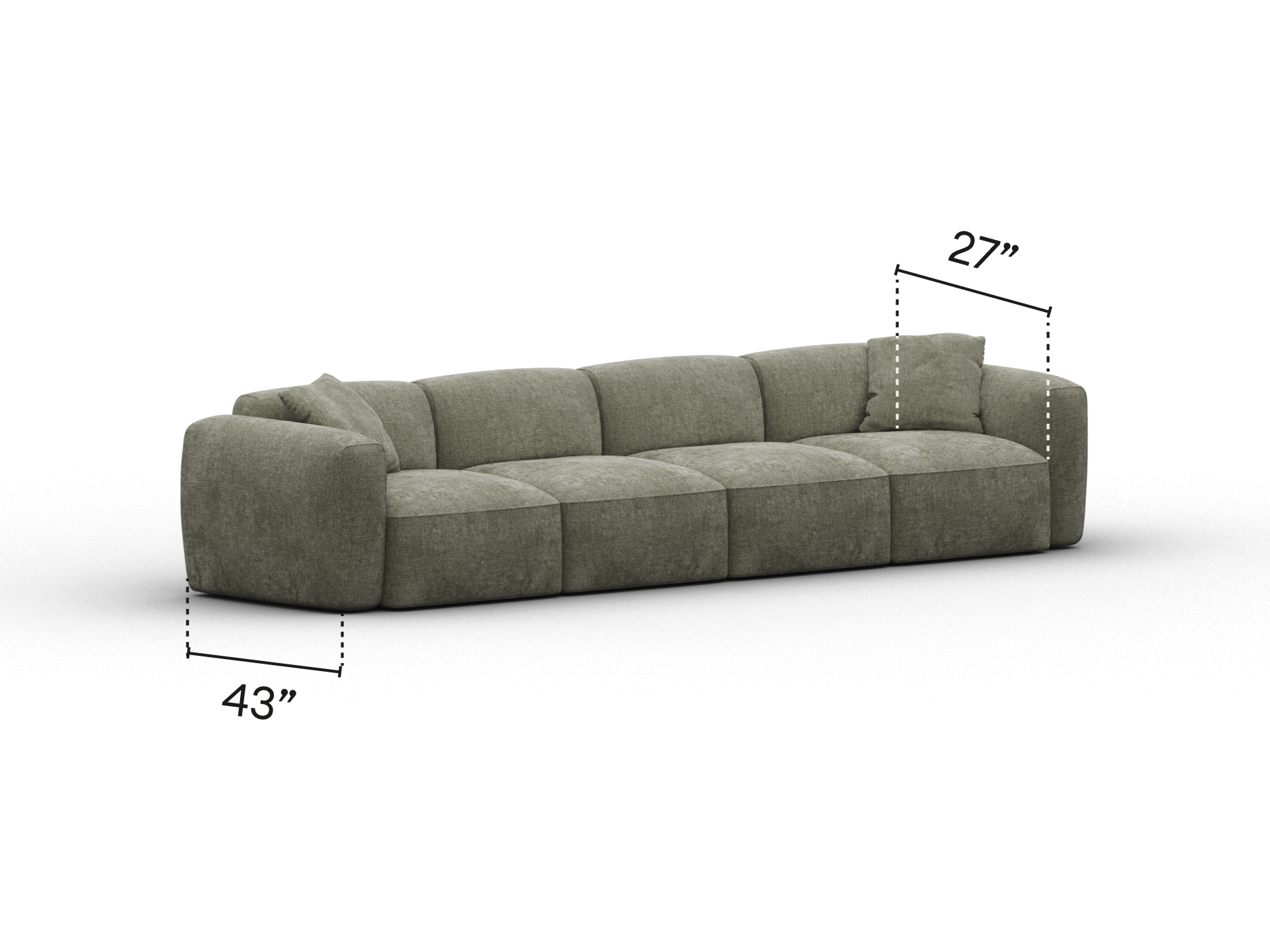 Luxurious modular sofa in plush grey fabric. Features deep seating and pillow-like cushions. Perfect for modern living spaces, offering comfort and style.