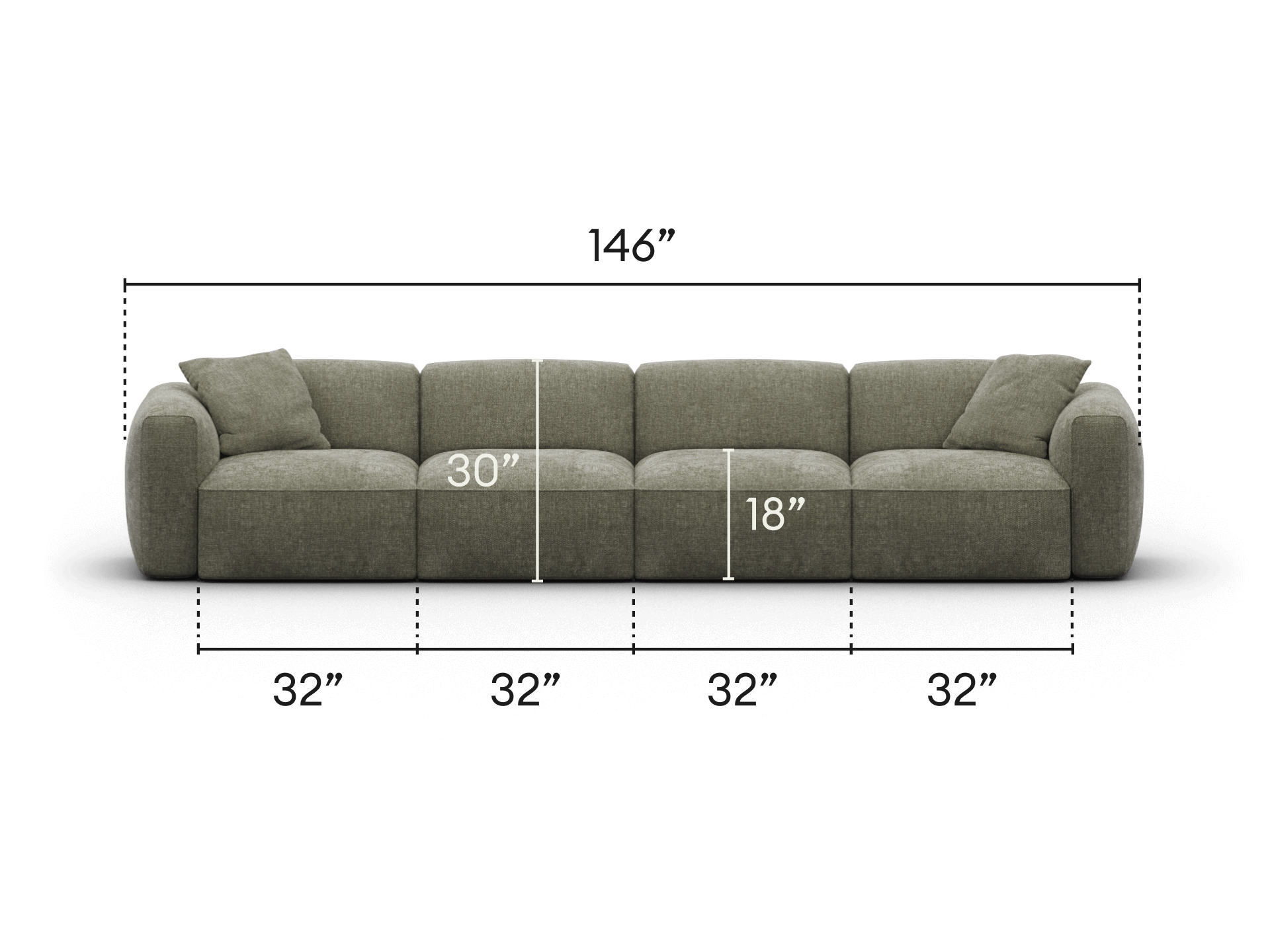 Plush sectional sofa in sage green fabric, featuring deep seats and plush cushions, measuring 146" wide. Ideal for spacious, sophisticated living areas.