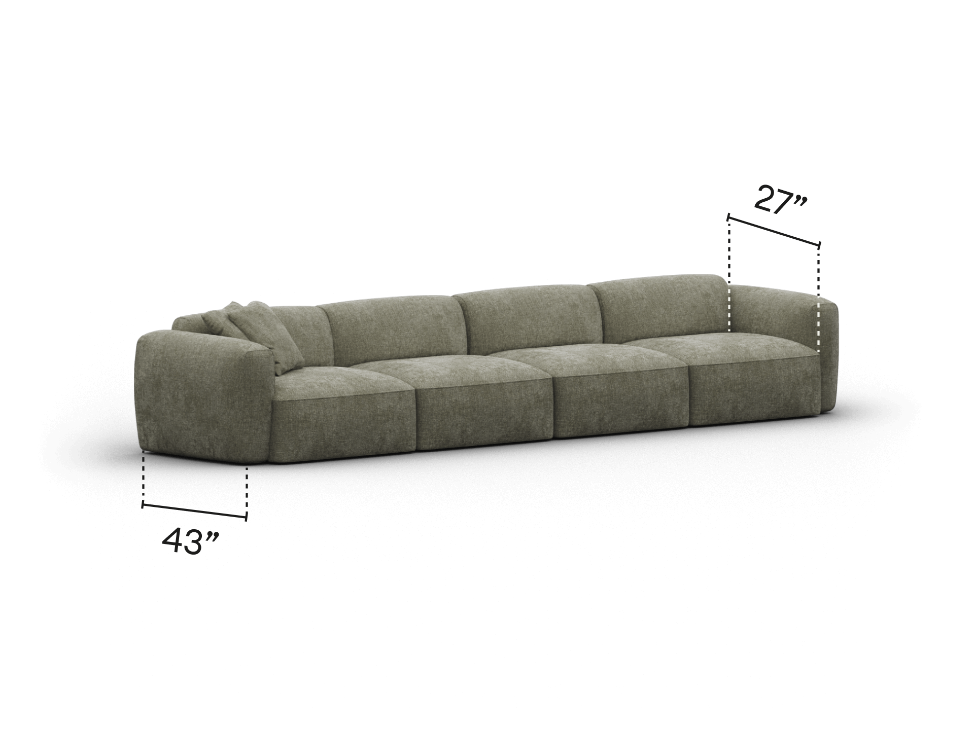 Luxurious modular sofa in rich olive fabric, featuring deep cushioning and wide armrests. Perfect for contemporary living spaces. Dimensions: 48” x 27”.
