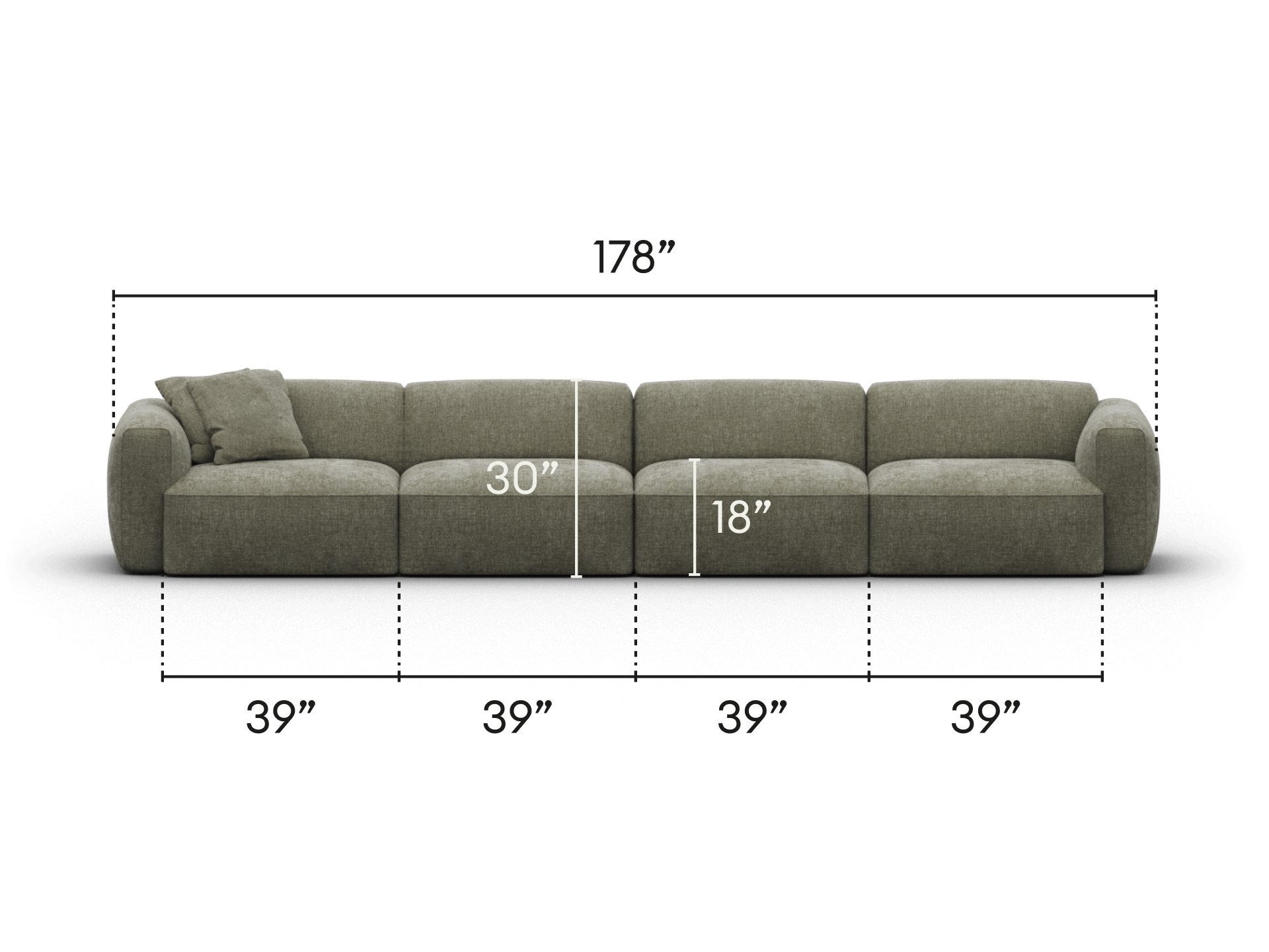 Luxurious grey linen sectional sofa, 178" wide, featuring plush cushions and rounded arms. Ideal for modern living rooms with ample seating space.