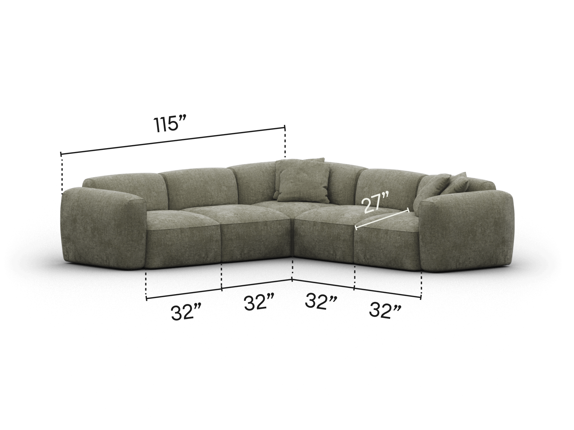 Luxurious L-shaped sofa in premium olive fabric, featuring plush cushioning and a modular design. Ideal for modern living rooms, measuring 115” wide.