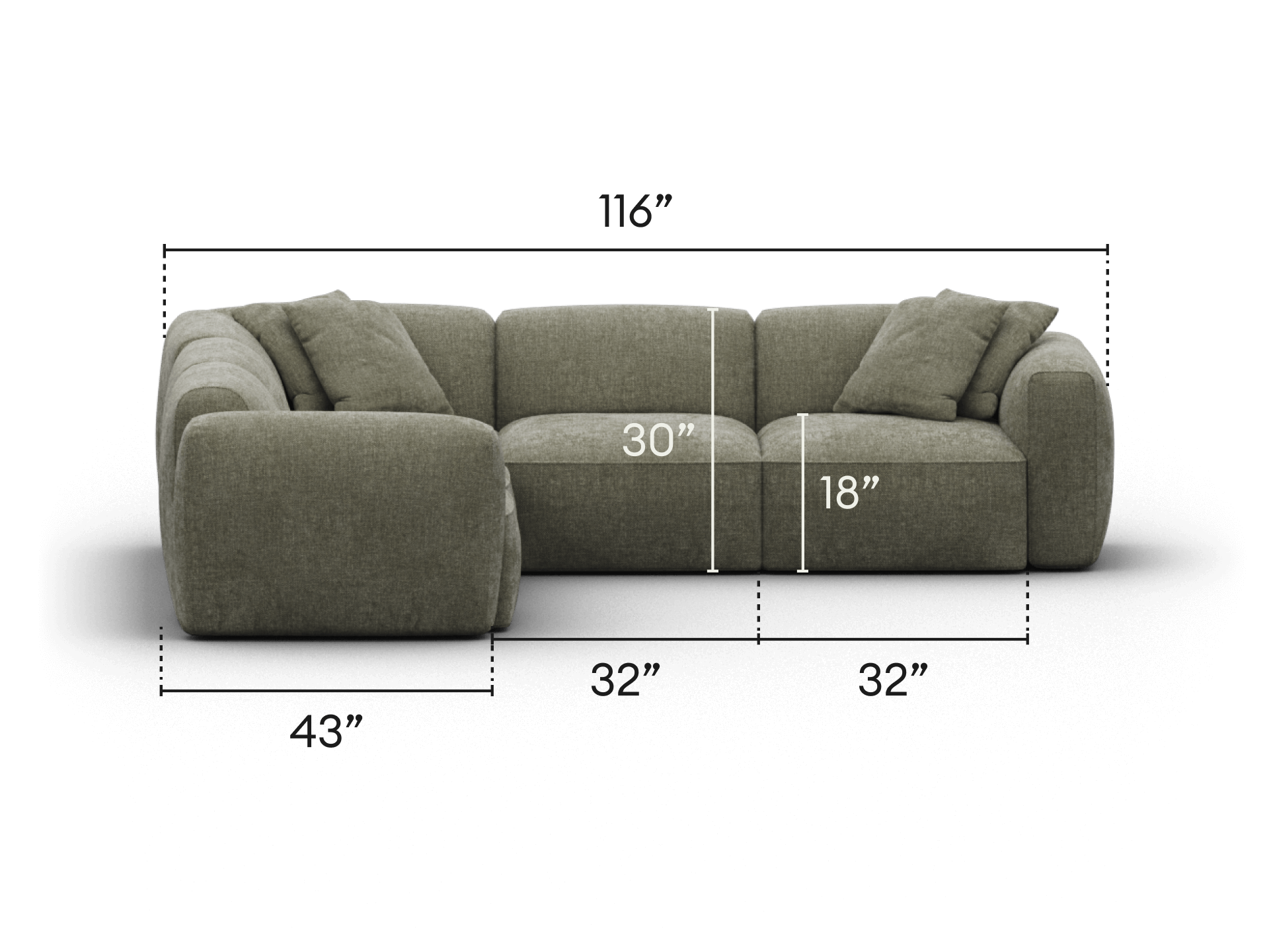 Luxurious modular sofa in premium olive fabric, featuring plush cushioning and deep seating. Perfect for a sophisticated living room setting.