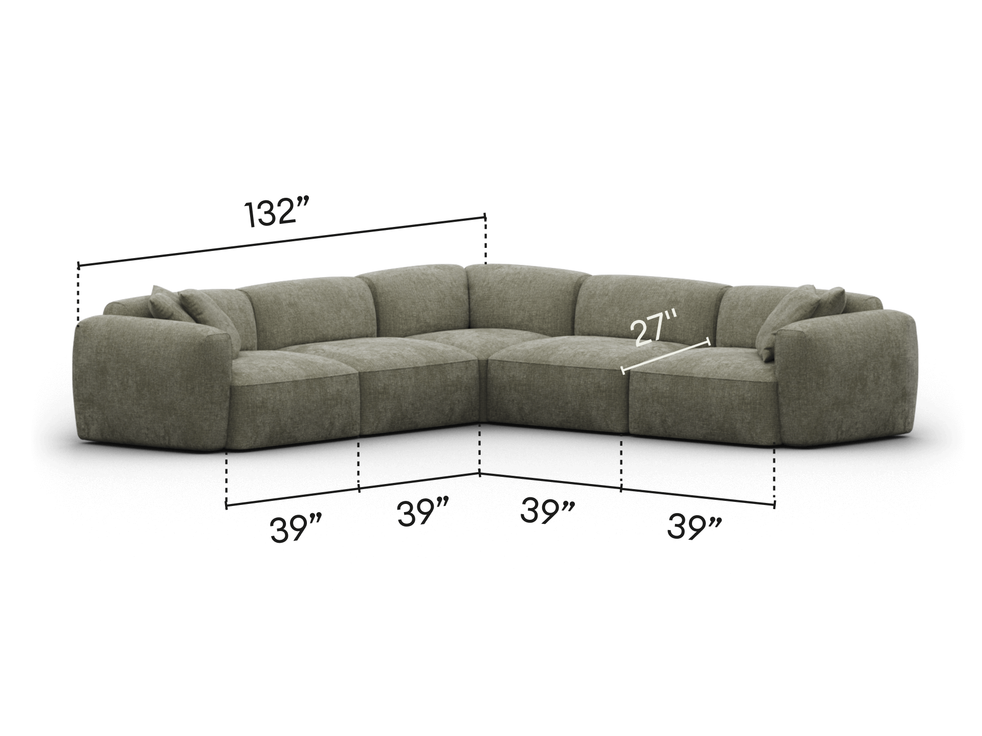 Plush L-shaped sectional sofa in premium olive-green fabric, featuring deep seating and rounded armrests, ideal for spacious living rooms.