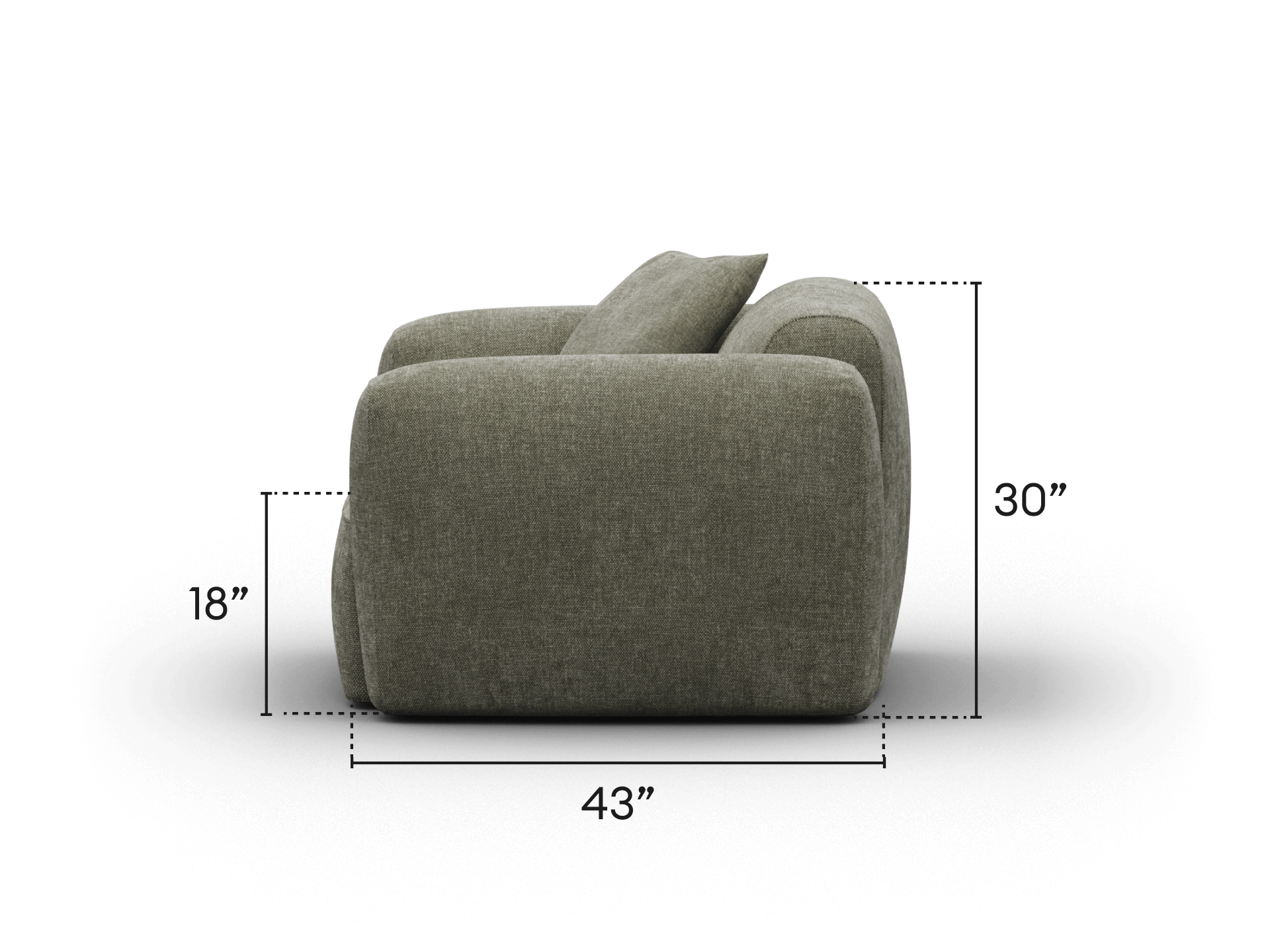 Sleek grey sofa with plush, deep cushions, upholstered in premium fabric. Features rounded arms and modern silhouette. Dimensions: 43" W, 30" H, 18" seat height.