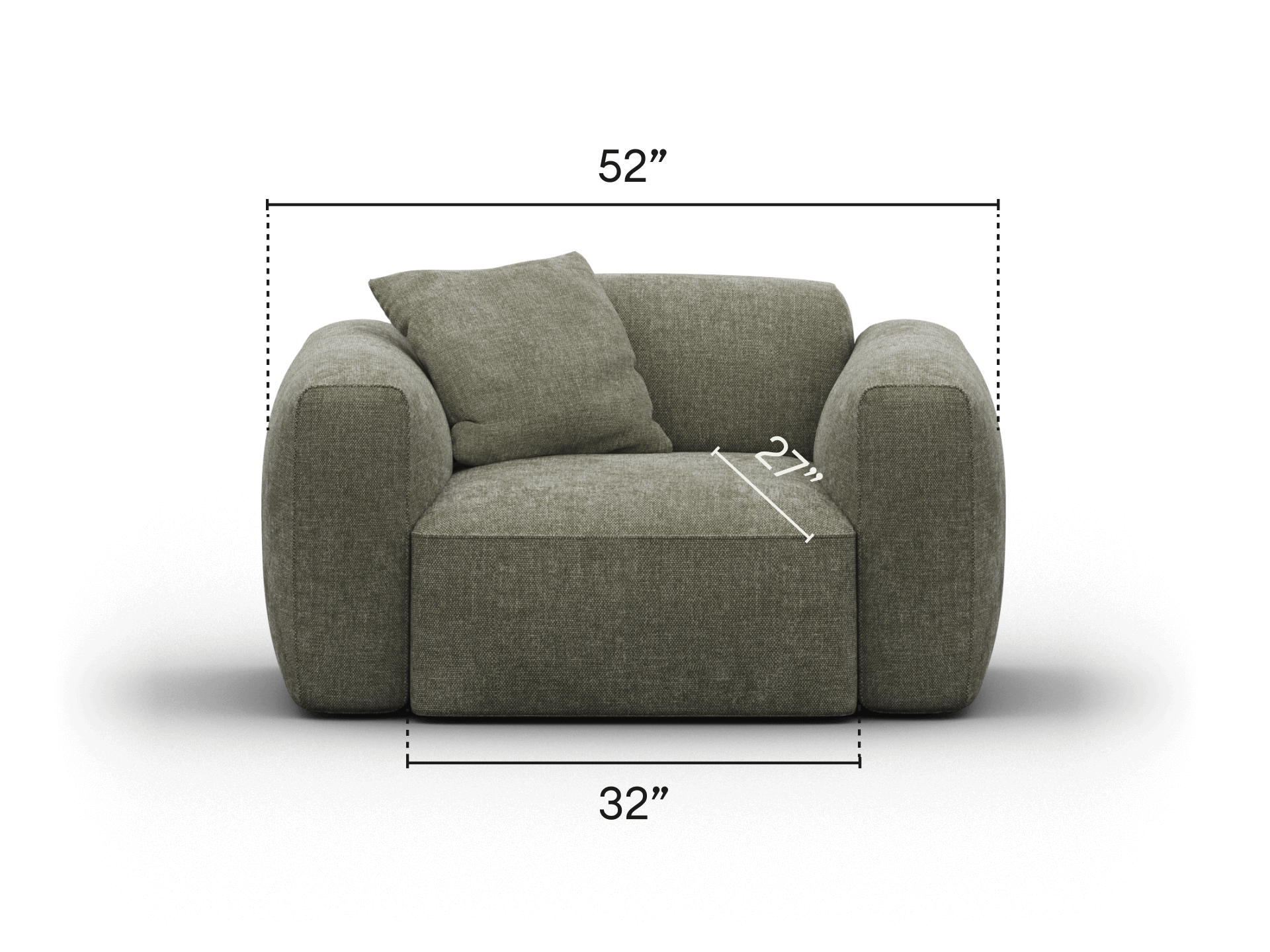 Luxurious armchair with plush, olive green upholstery and rounded armrests. Features deep seating with cushions, perfect for a sophisticated living space.
