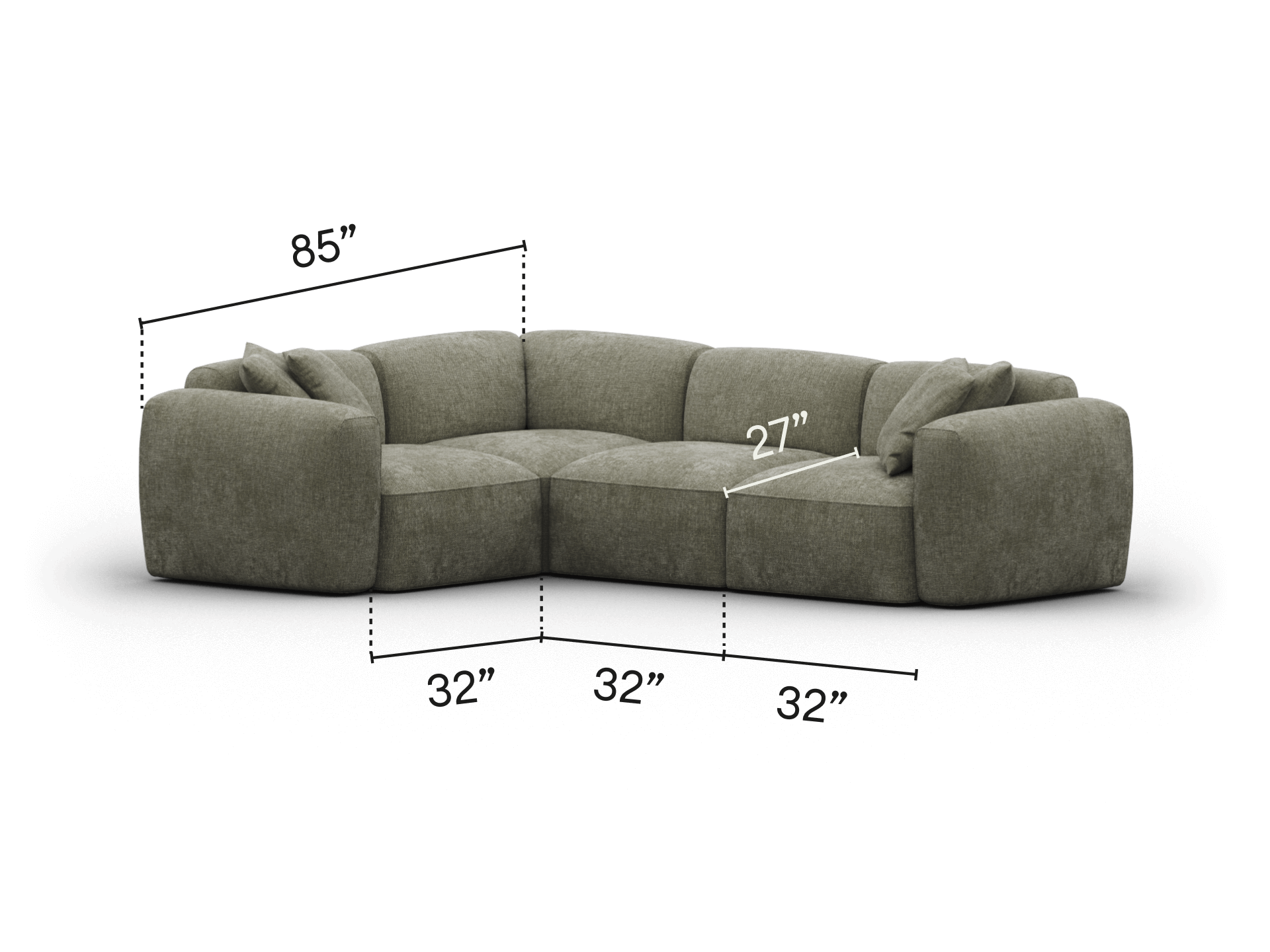 Curved sectional sofa, upholstered in textured grey fabric, featuring plush cushions and deep seats. Designed for modern living rooms with elegant comfort.
