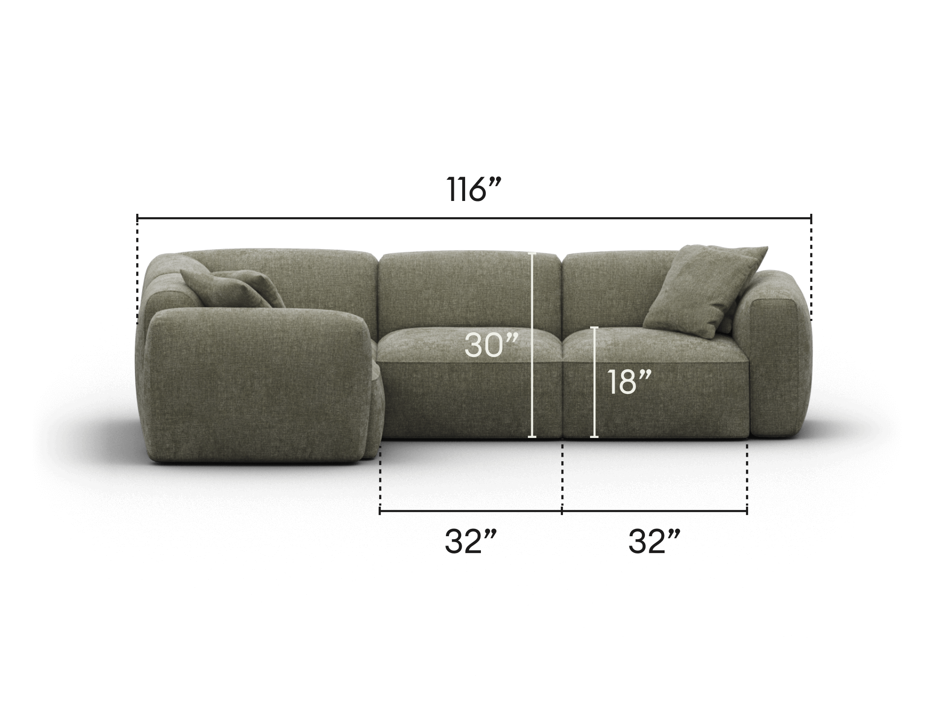 Luxurious olive green sectional sofa with plush cushions, crafted in textured fabric. Modern and spacious design measuring 116" wide, ideal for elegant living spaces.