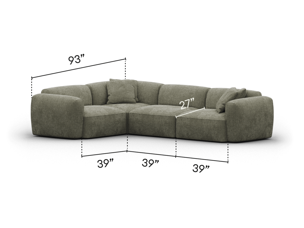 Luxurious sectional sofa in olive green plush upholstery, featuring deep seats and modular design. Perfect for elegant, contemporary living spaces.