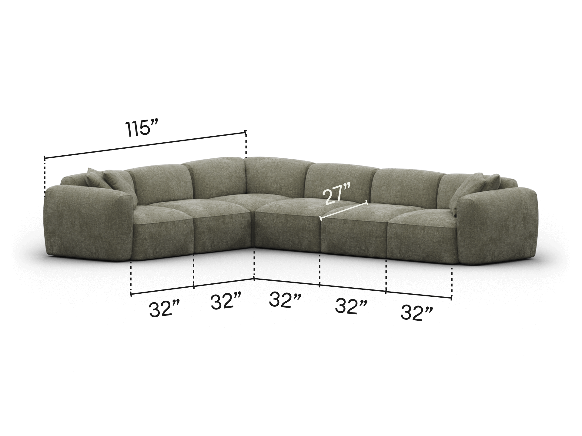 Luxurious L-shaped sofa in olive green fabric, featuring deep, plush cushions. Sleek modern design ideal for a sophisticated living room ambience.