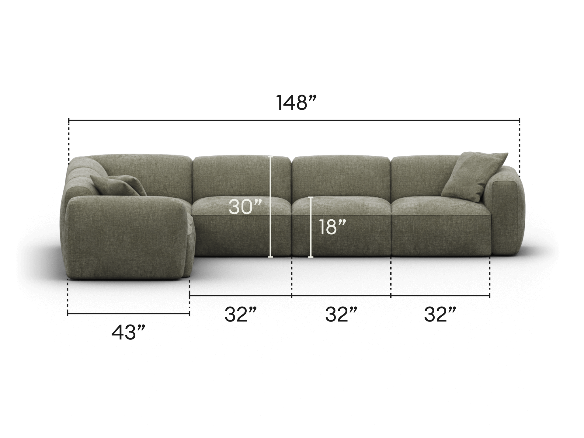Elegant sectional sofa in premium grey fabric with deep seating and plush cushions. Modern design features clean lines, perfect for stylish living areas.