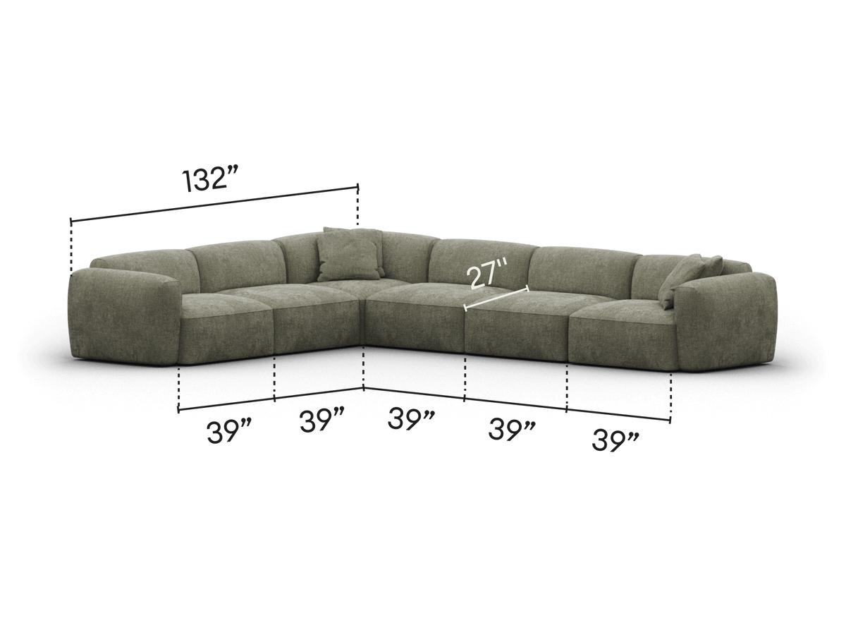 Luxurious grey L-shaped sectional sofa in plush fabric, featuring inviting deep seats and clean, modern lines. Ideal for contemporary living spaces.