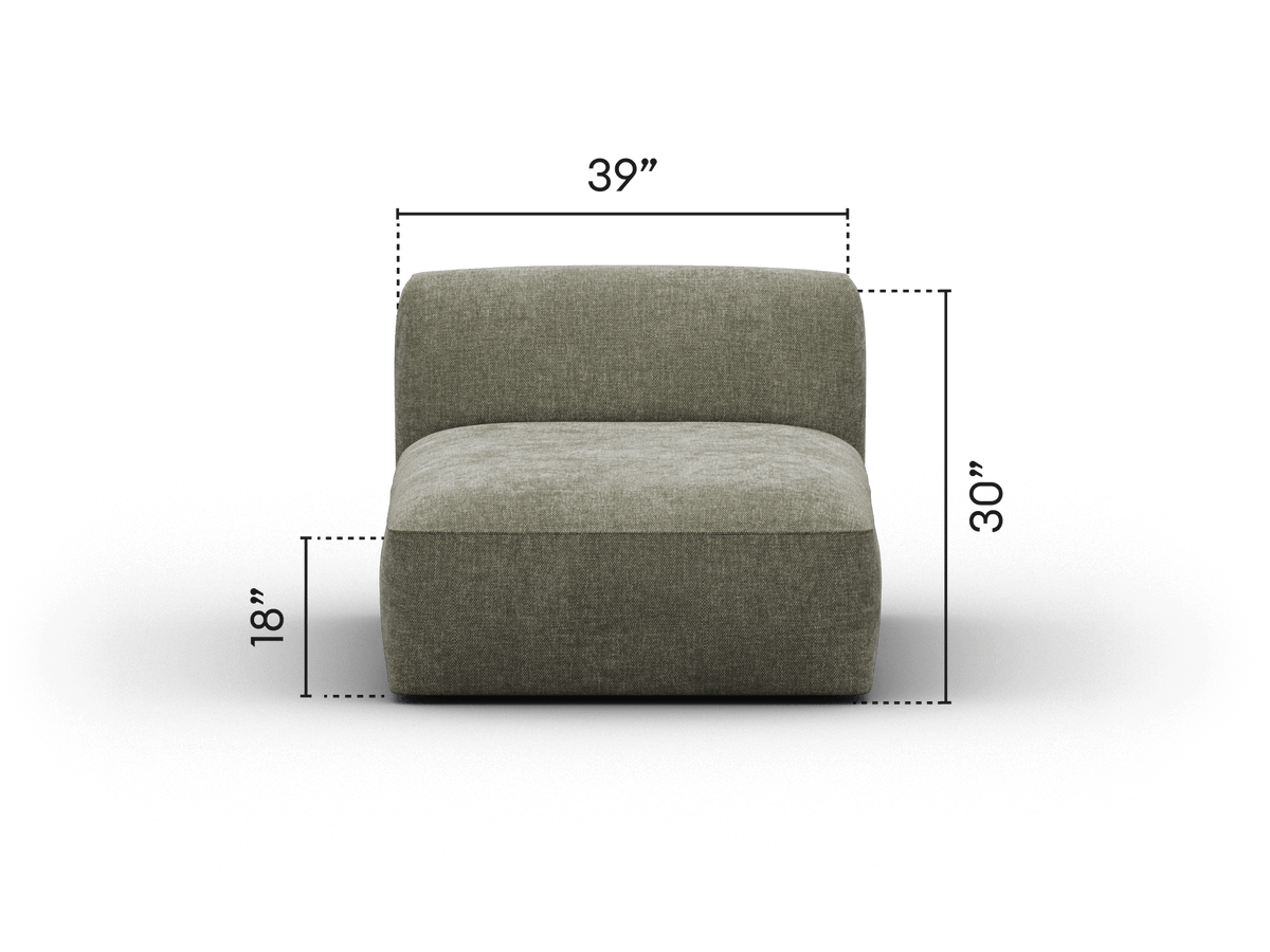 Luxurious armless chair in soft grey fabric, featuring a modern block design. Dimensions highlighted for spacious comfort. Perfect for minimalist settings.