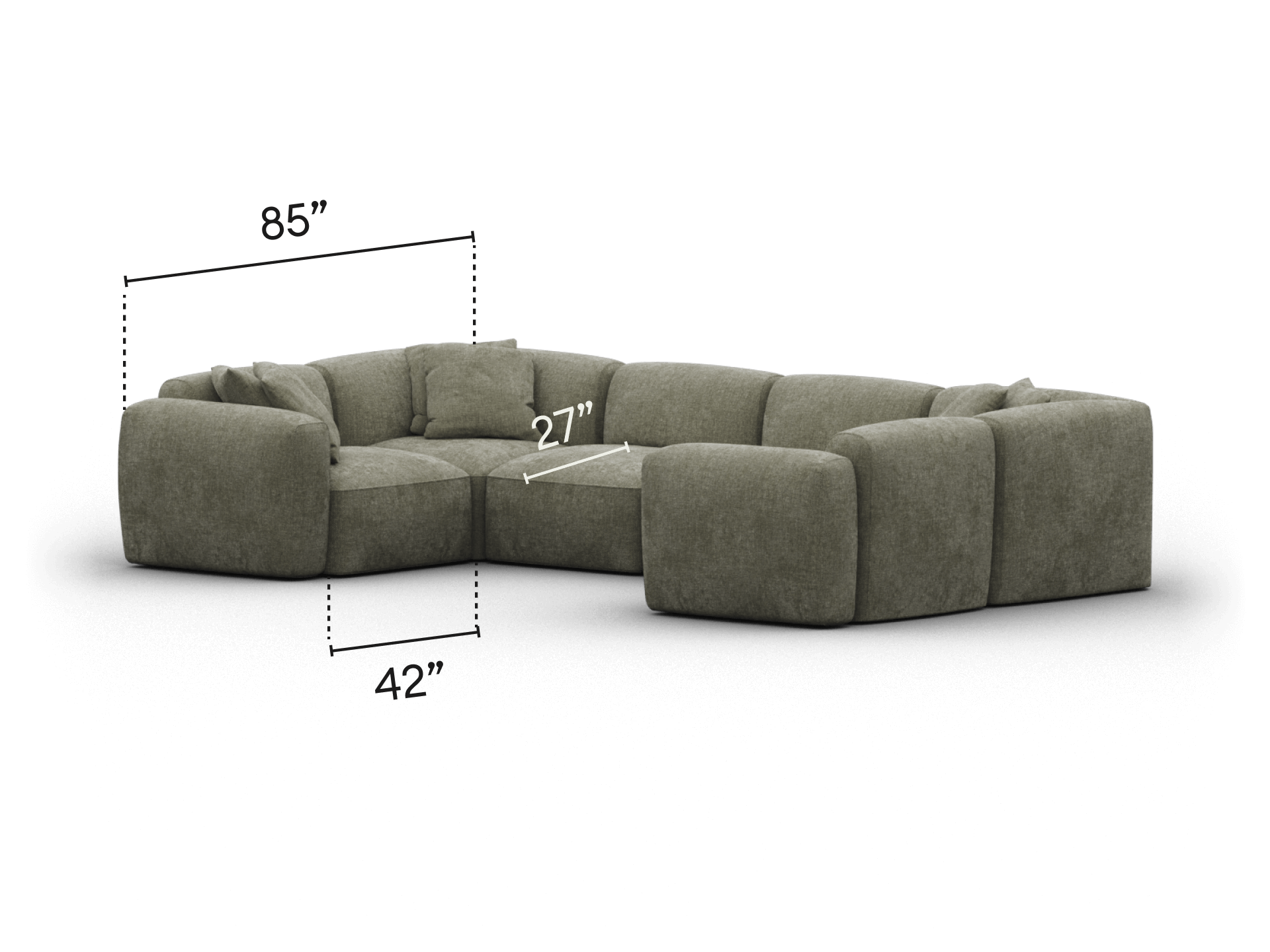 Luxurious L-shaped modular sofa in soft grey fabric, featuring deep cushions and a minimalist design. Ideal for modern, spacious living rooms.