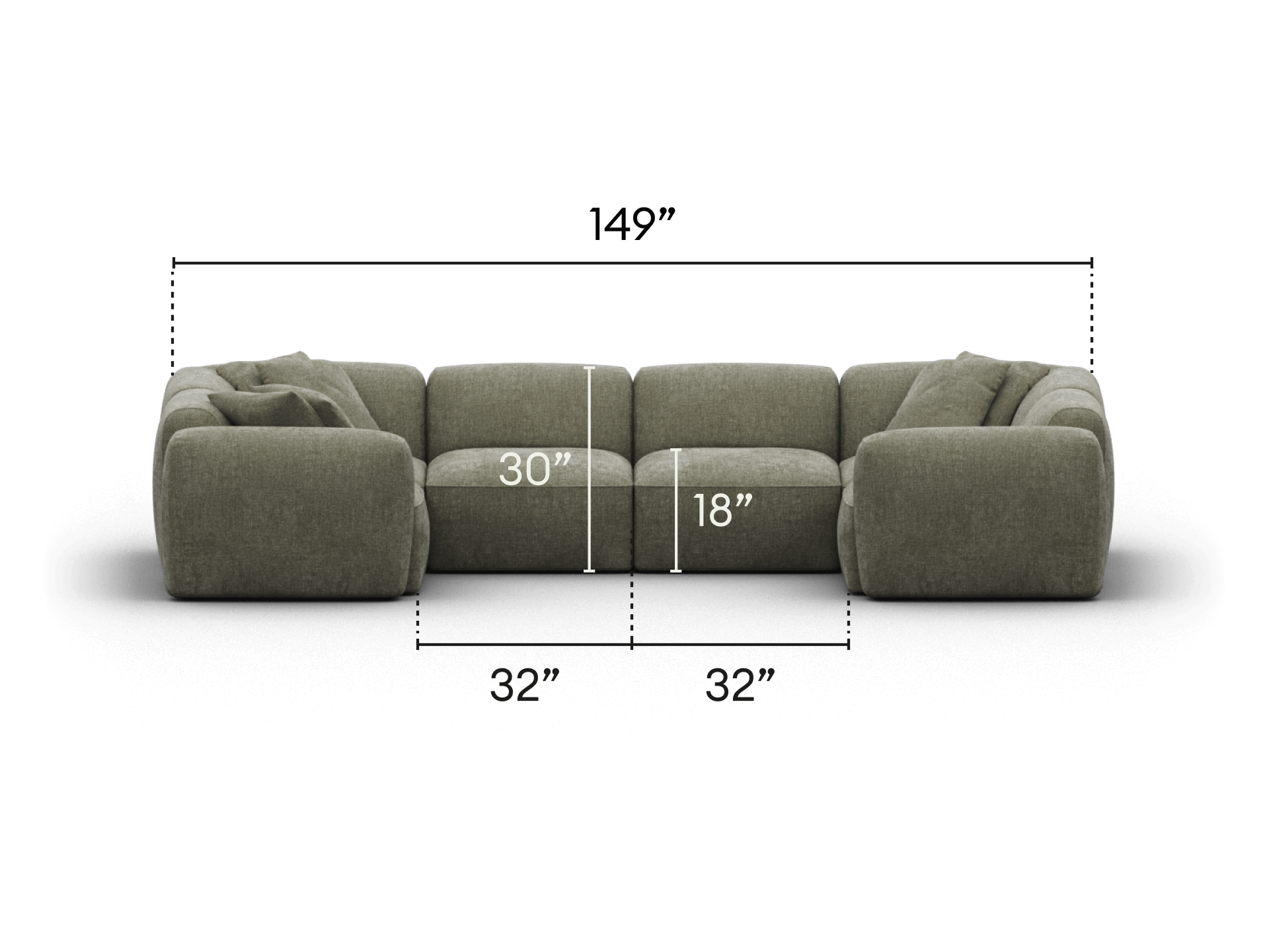 Luxurious modular sectional sofa in grey-green fabric. Plush deep seating, low profile. Dimensions: 149" wide, 30" high, 18" seat height. Ideal for upscale living spaces.