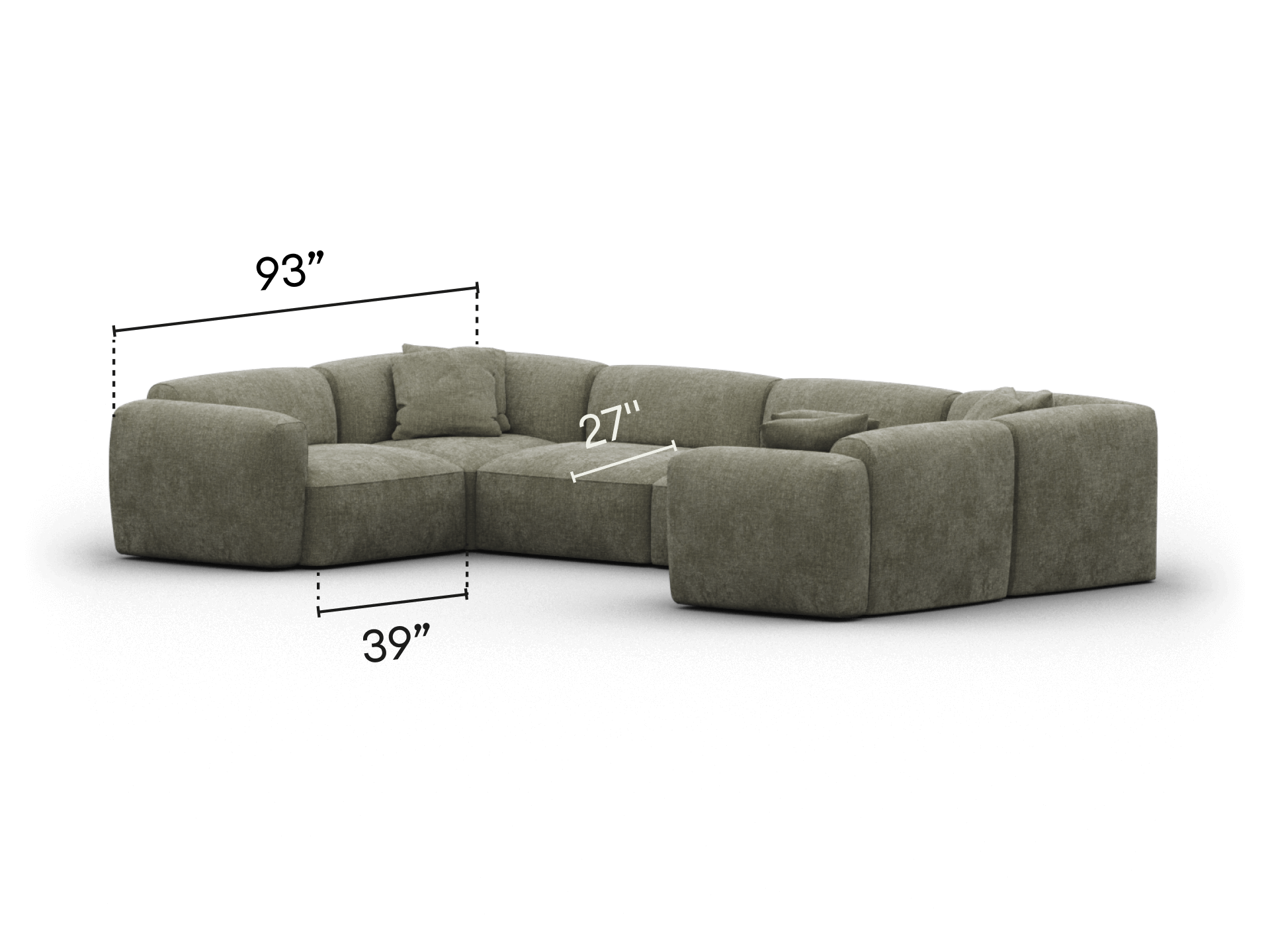 Luxurious modular sectional sofa in soft olive green upholstery, featuring deep seats and plush cushions, perfect for upscale contemporary living spaces.