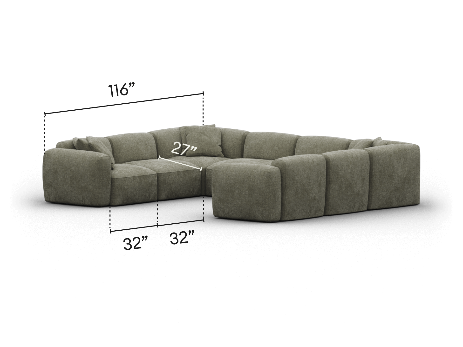 Luxurious U-shaped sectional sofa in olive green upholstery, featuring plush cushions and a modular design. Ideal for spacious, contemporary living rooms.