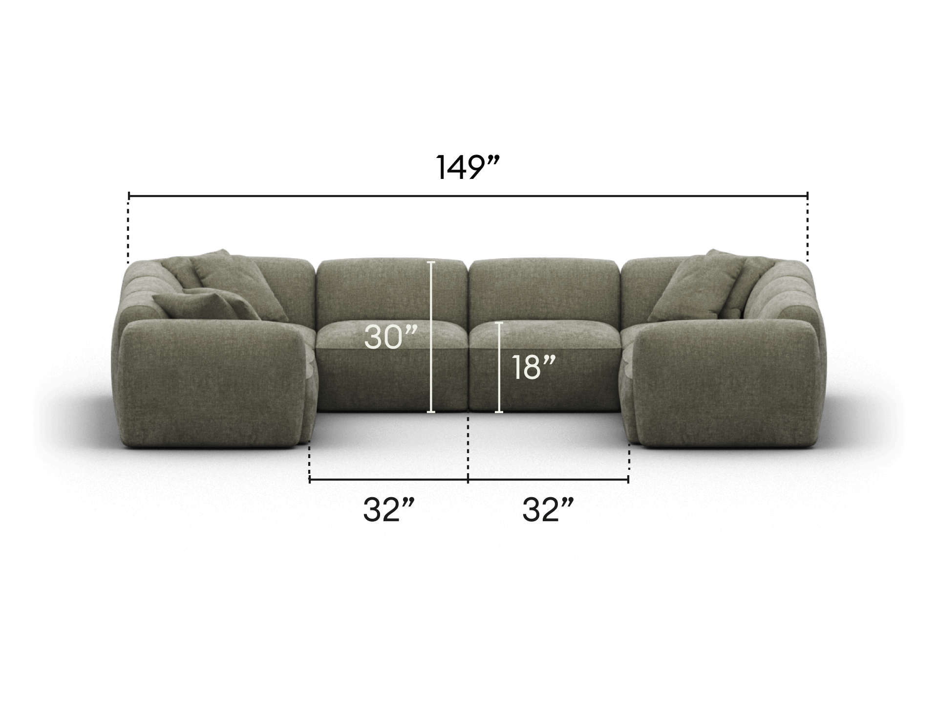 Luxurious sectional sofa in plush grey fabric, featuring deep seating and soft cushions. Perfectly suited for a modern living room setting.