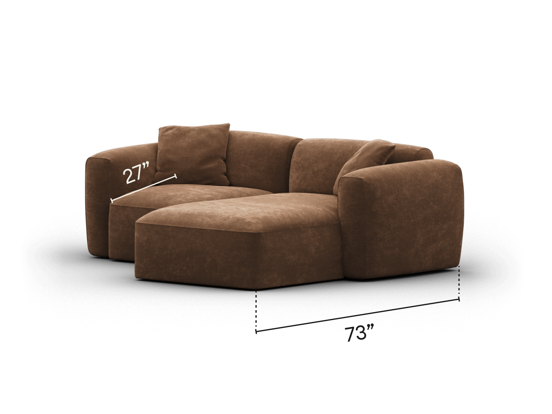 Plush sectional sofa in rich brown suede, featuring deep cushions and a contemporary low profile. Perfect for luxury living spaces with modern aesthetics.