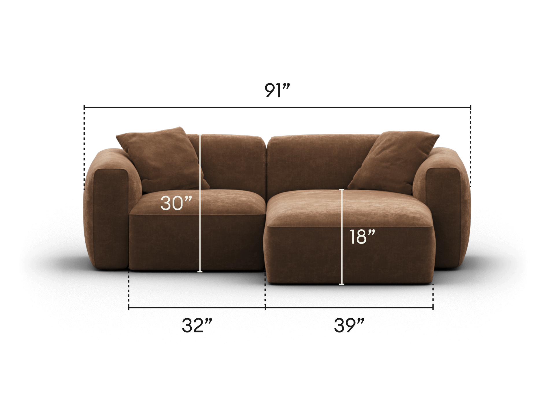 Modern brown sectional sofa, plush velvet upholstery, deep seating, luxurious padded cushions, rounded arms, ideal for upscale living spaces.