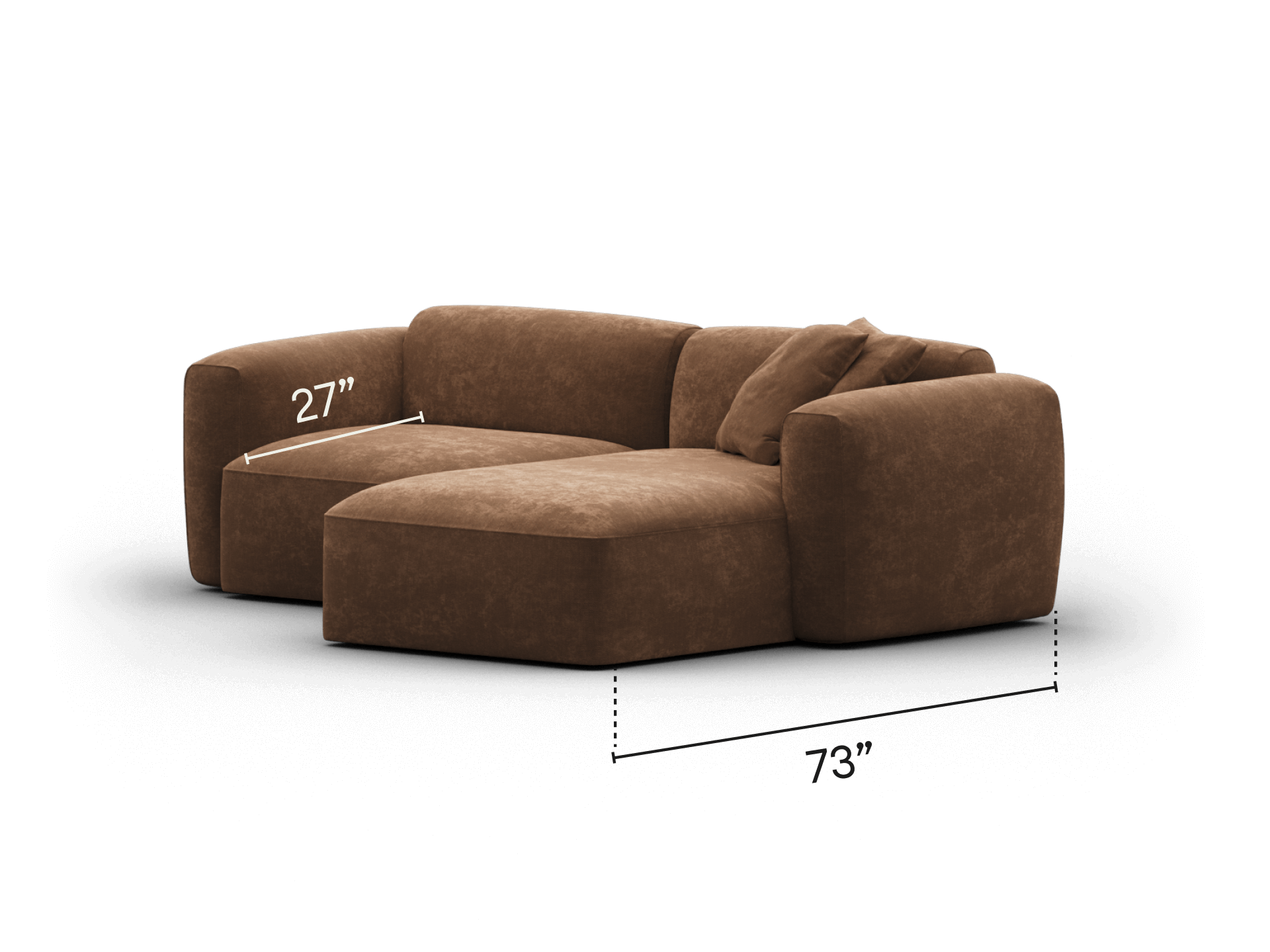 Luxurious brown suede sectional sofa featuring a plush L-shape design, soft cushions, and a low profile. Perfect for modern living spaces.