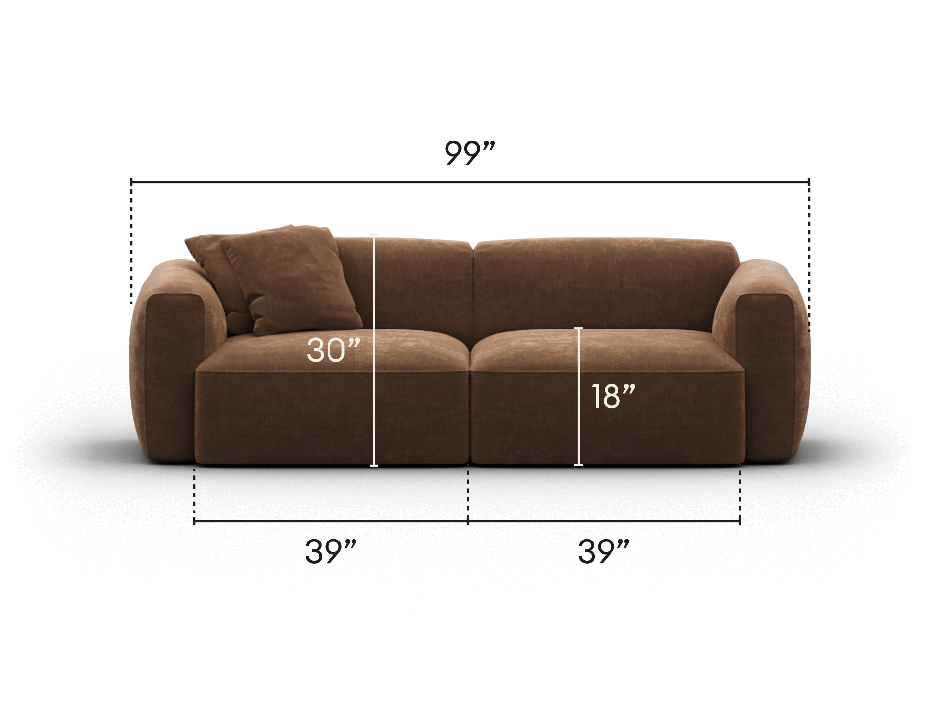 Modern brown sectional sofa with plush, upholstered fabric and deep seats. Features square cushions and rounded arms; perfect for contemporary living spaces.