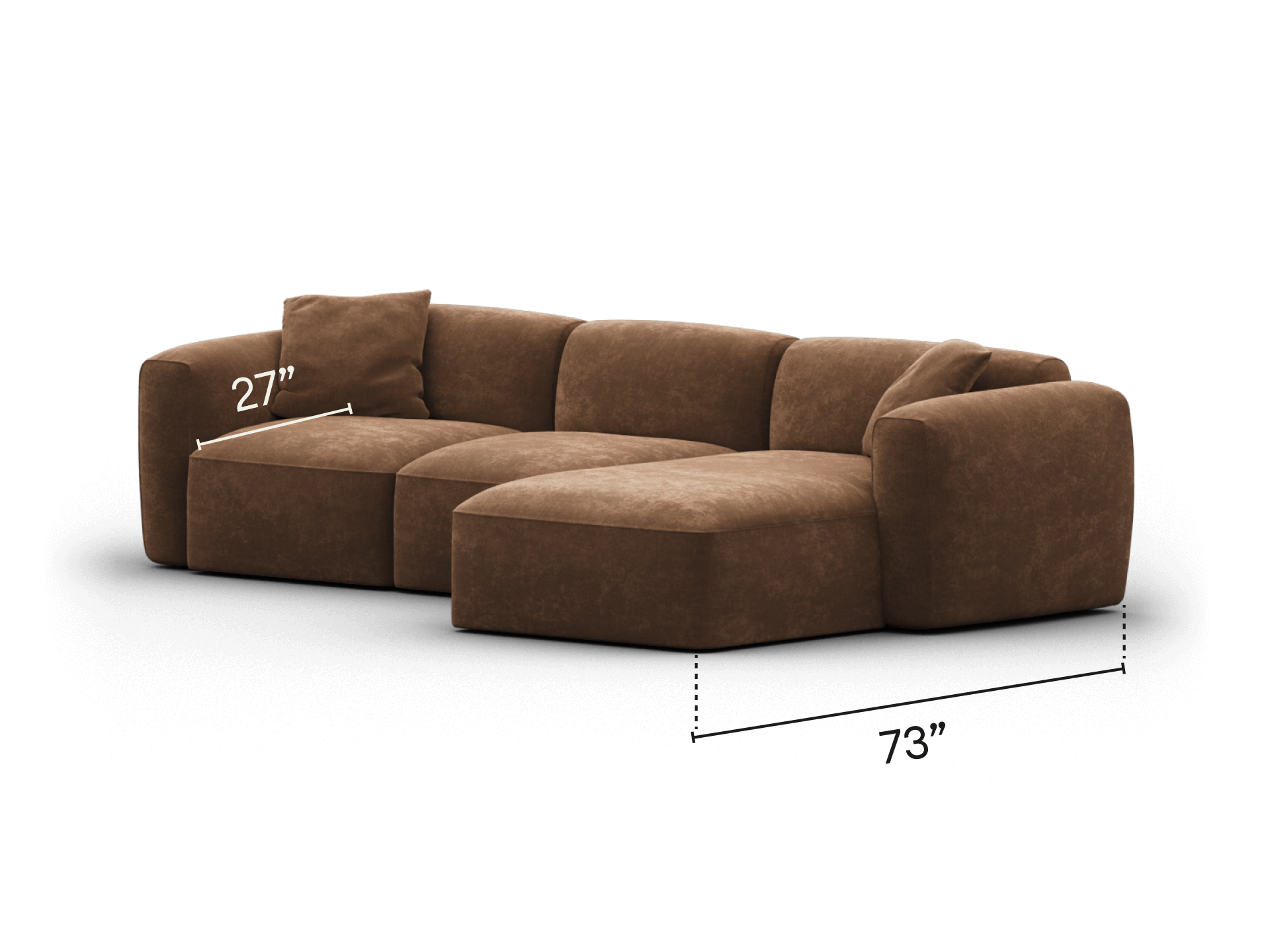 Luxurious brown suede sectional sofa with plush cushions, deep seats, and rounded armrests. Perfect for spacious, modern living areas. 273 cm wide.