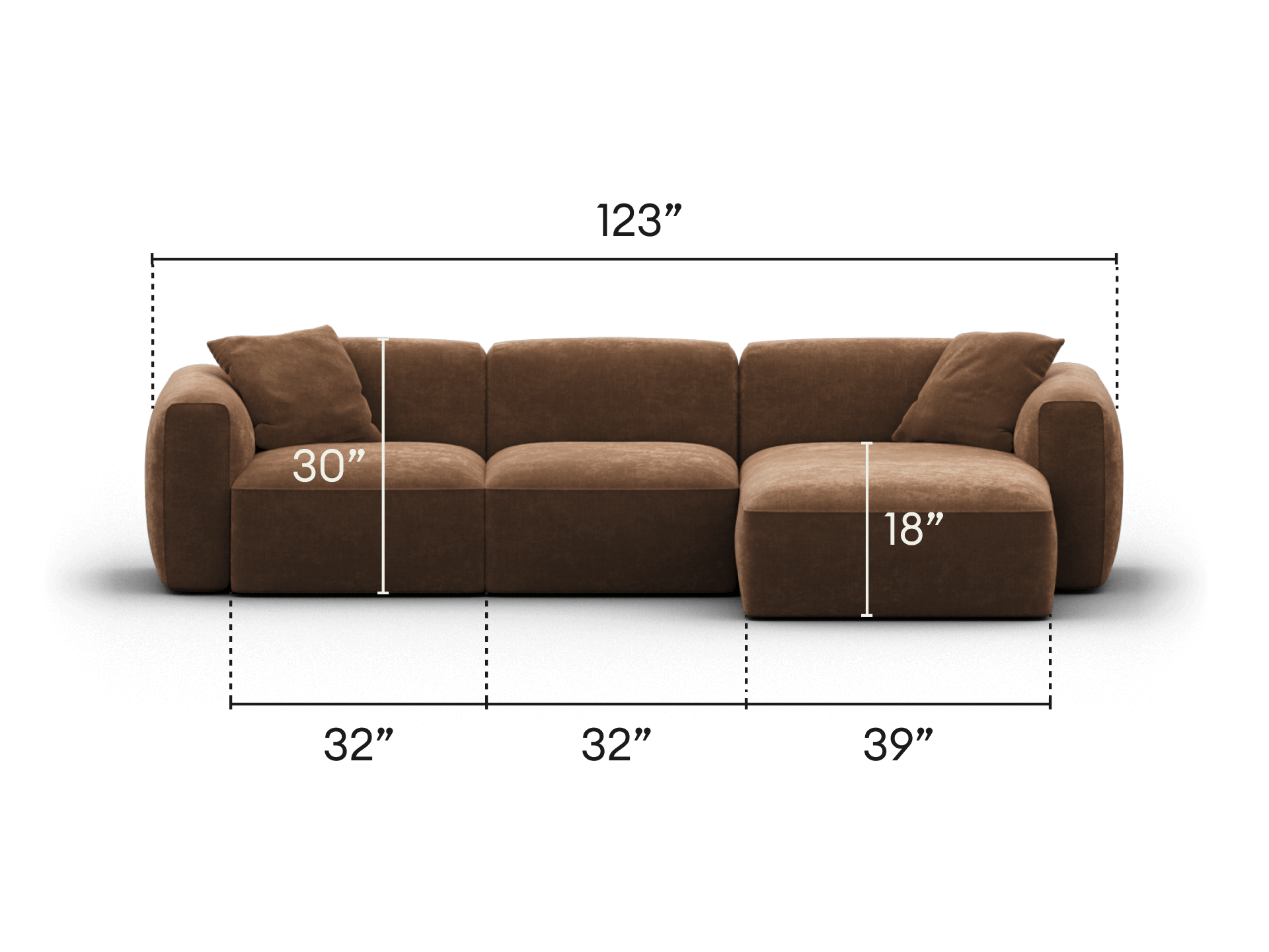 Luxurious brown sectional sofa in plush velvet with cosy low-profile design, featuring plush cushions and sleek lines. Ideal for sophisticated living spaces.