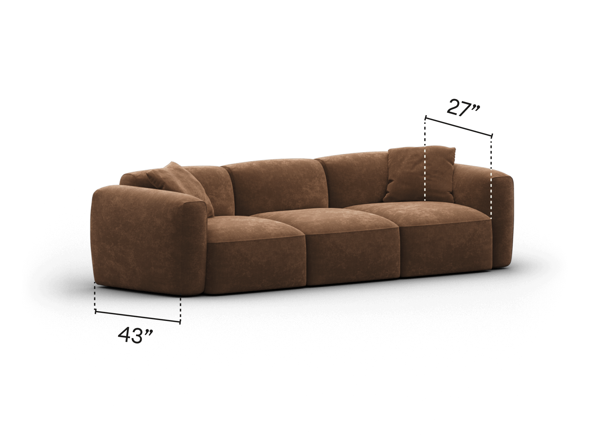 Luxurious modular sofa in rich brown suede, featuring plush cushions, deep seats, and rounded armrests, designed for a modern living space.