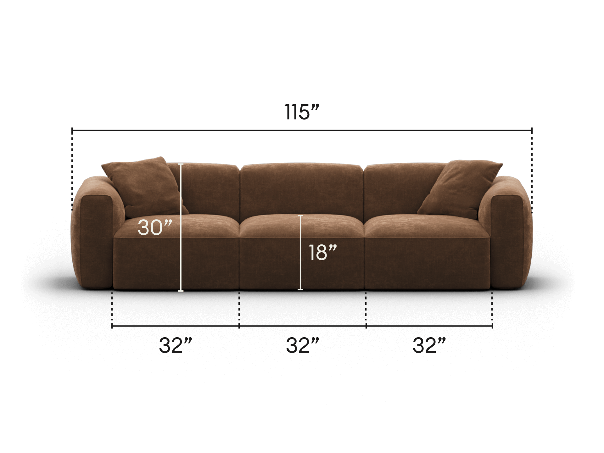 Luxurious modern sofa in rich brown upholstery, featuring deep cushions and a modular design. Ideal for spacious living areas, measuring 115 inches wide.