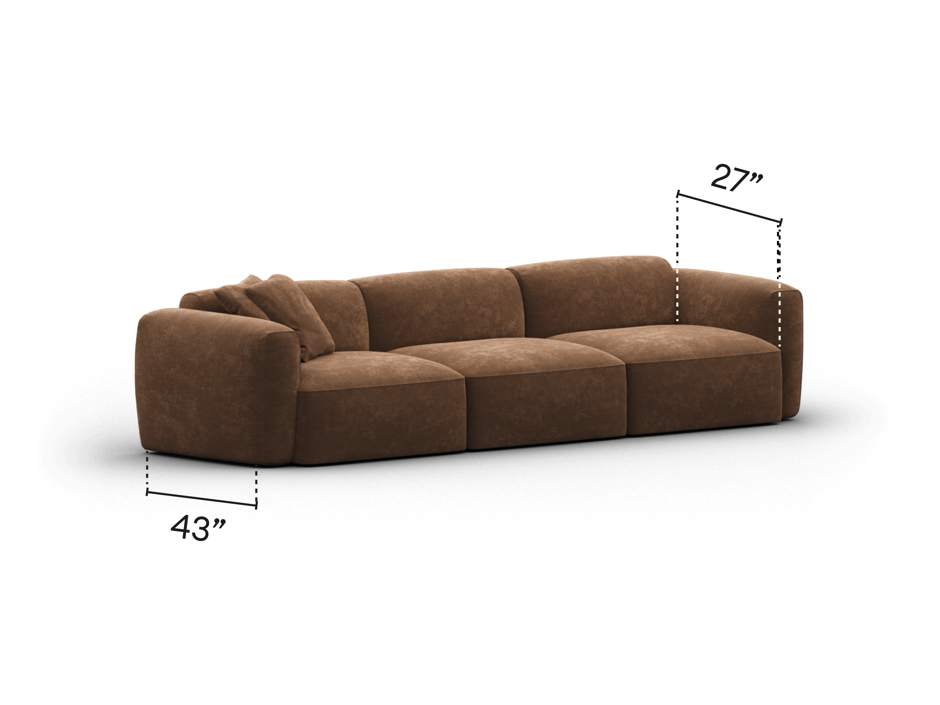 Luxurious brown suede sectional sofa with plush cushions and deep seating, featuring a modern curved design. Ideal for sophisticated living spaces.