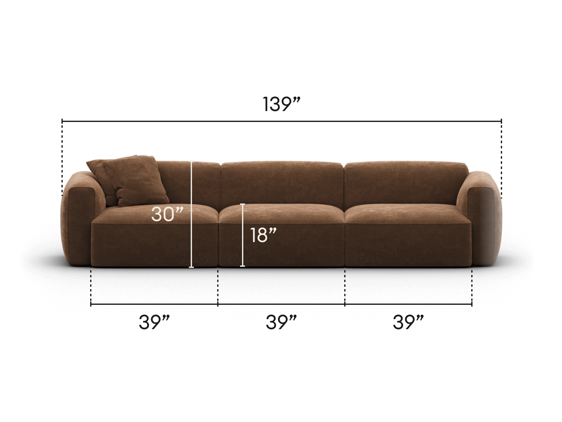Luxurious brown velvet sofa, three-seater with overstuffed cushions, streamlined form, dimensions noted. Perfect for a sophisticated modern living space.