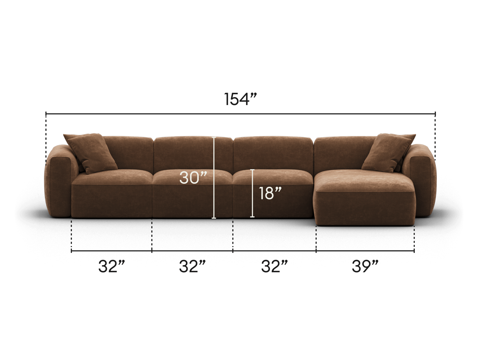 Luxurious brown velvet sectional sofa with plush cushions, featuring a chaise extension. Sleek design, perfect for modern living spaces. Dimensions included.