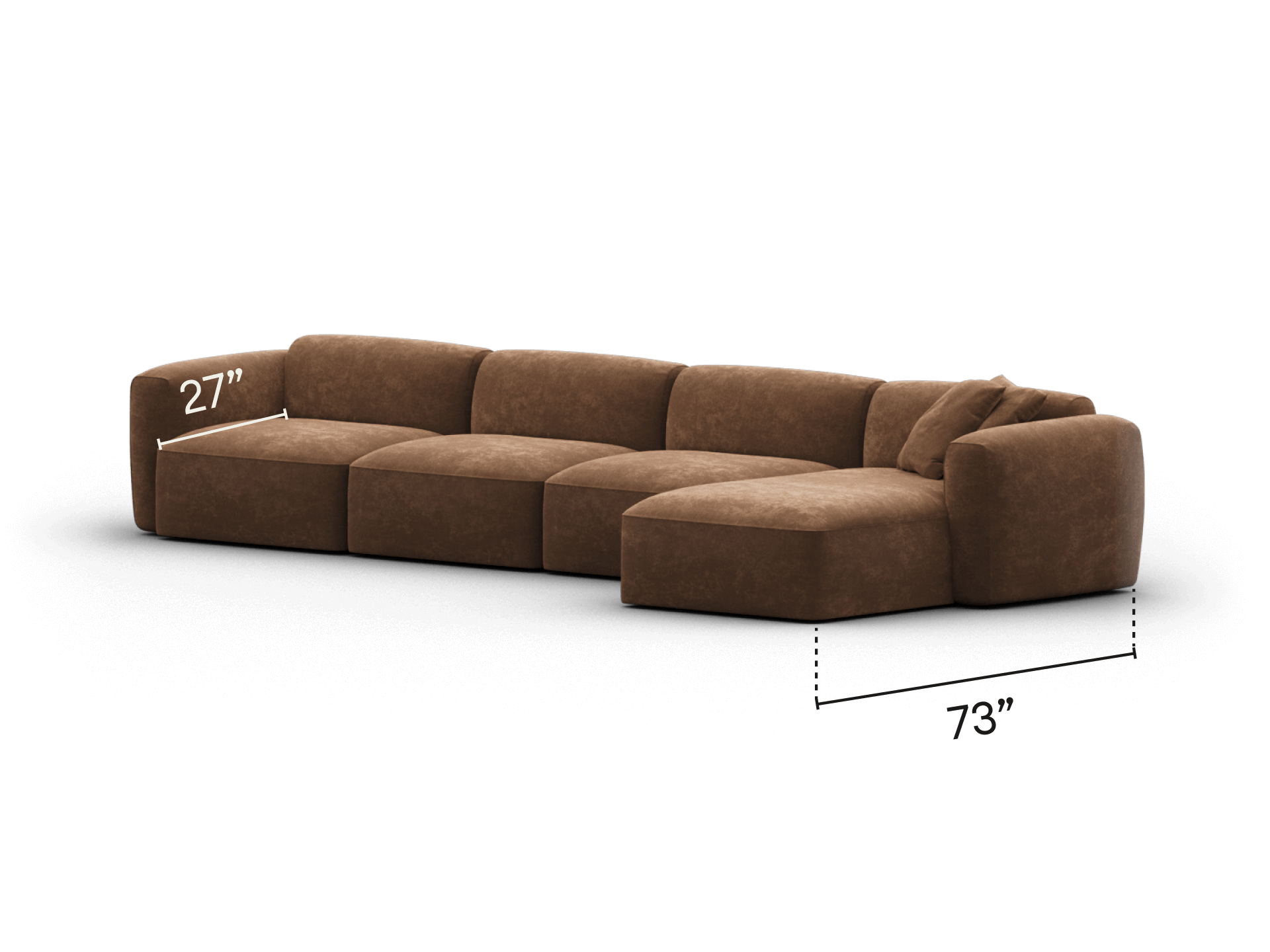 Luxurious L-shaped sectional sofa in rich brown suede upholstery, featuring deep cushions and a contemporary low-profile design, perfect for elegant living spaces.