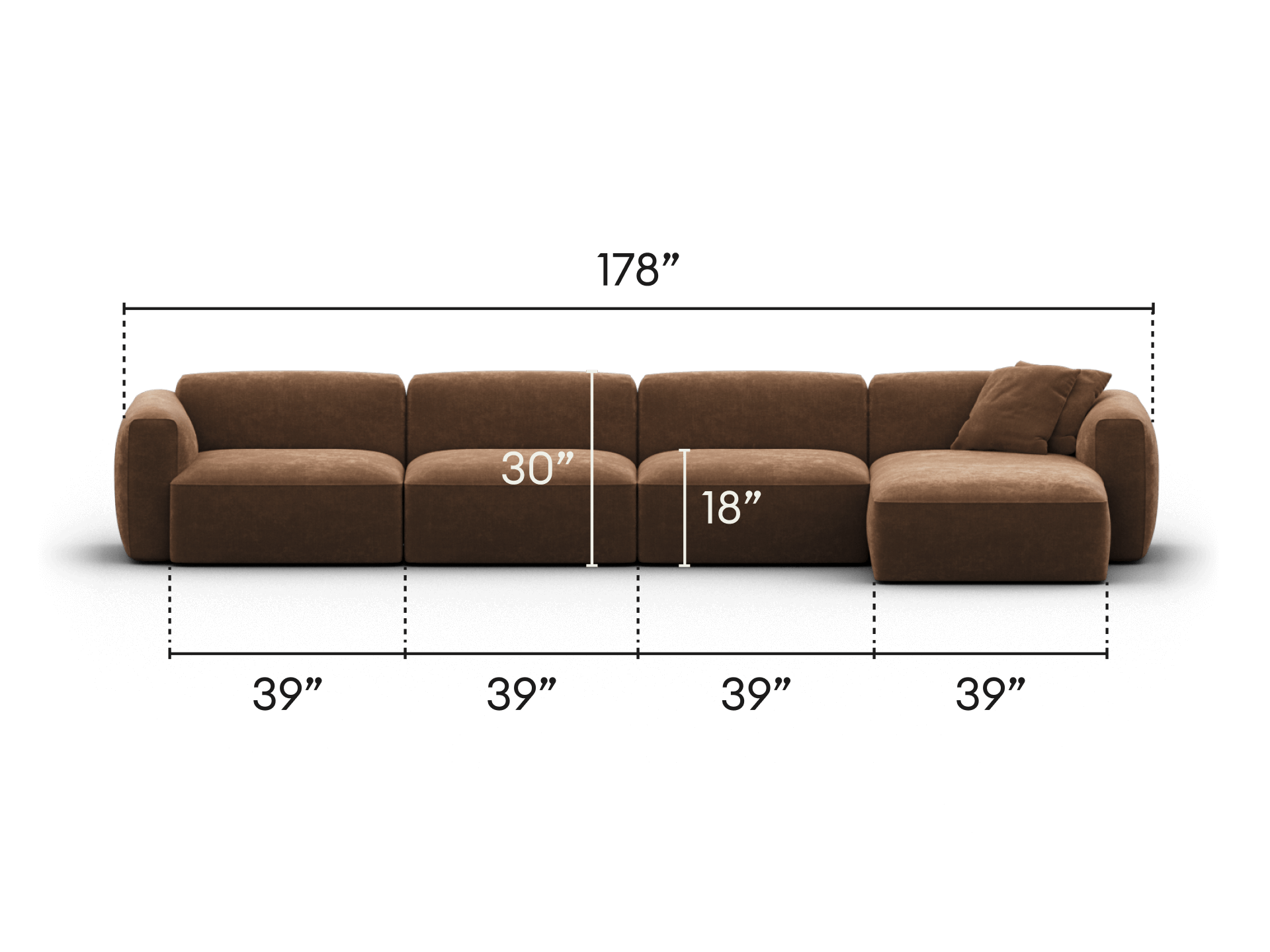 Luxurious modular sectional sofa in rich brown fabric, featuring plush cushions and a sleek chaise. Perfect for contemporary living spaces, measuring 178”.