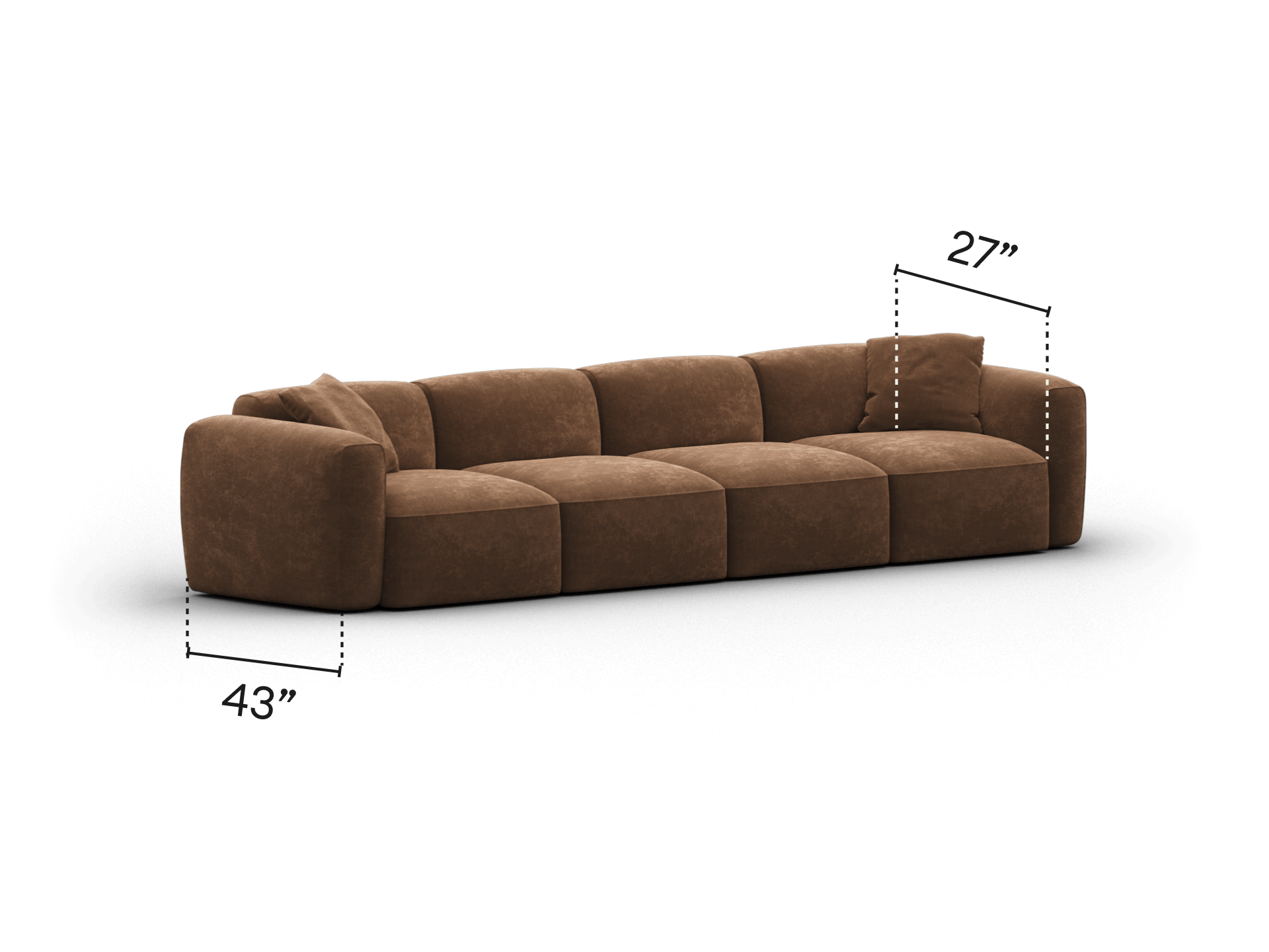 Luxurious modular sectional sofa, upholstered in rich brown suede, featuring oversized cushions and modern block design. Ideal for elegant living spaces.