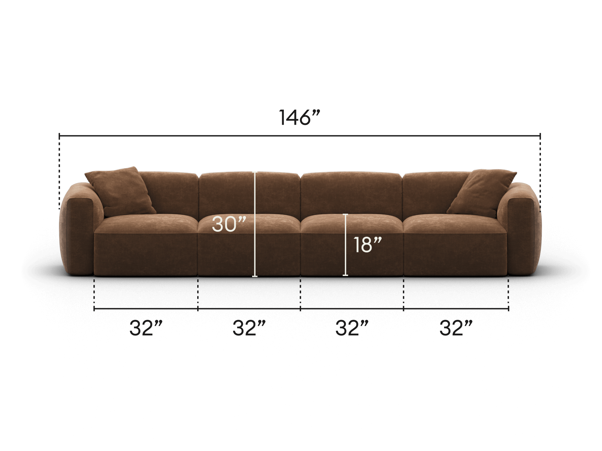 Luxurious brown suede modular sofa with plush cushions, measuring 148", featuring deep seats and rounded armrests. Ideal for spacious living areas.